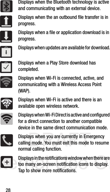 DRAFT Internal Use Only28Displays when the Bluetooth technology is active and communicating with an external device.Displays when the an outbound file transfer is in progress. Displays when a file or application download is in progress. Displays when updates are available for download.Displays when a Play Store download has completed.Displays when Wi-Fi is connected, active, and communicating with a Wireless Access Point (WAP).Displays when Wi-Fi is active and there is an available open wireless network.Displays when Wi-Fi Direct is active and configured for a direct connection to another compatible device in the same direct communication mode.Displays when you are currently in Emergency calling mode. You must exit this mode to resume normal calling function.Displays in the notifications window when there are too many on-screen notification icons to display. Tap to show more notifications.