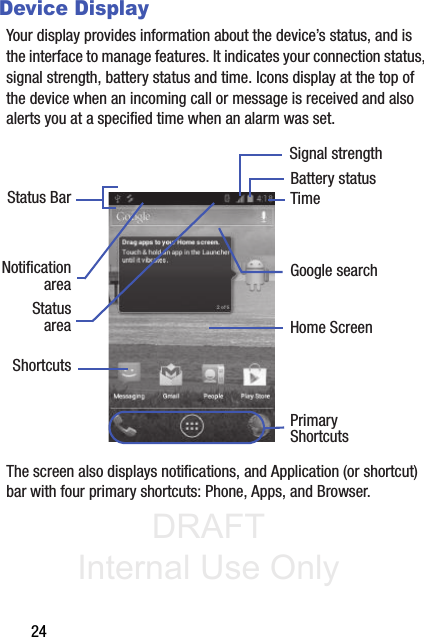 DRAFT Internal Use Only24Device DisplayYour display provides information about the device’s status, and is the interface to manage features. It indicates your connection status, signal strength, battery status and time. Icons display at the top of the device when an incoming call or message is received and also alerts you at a specified time when an alarm was set. The screen also displays notifications, and Application (or shortcut) bar with four primary shortcuts: Phone, Apps, and Browser.Google searchHome ScreenPrimaryNotificationShortcutsStatus BarareaStatusareaShortcutsBattery statusTimeSignal strength