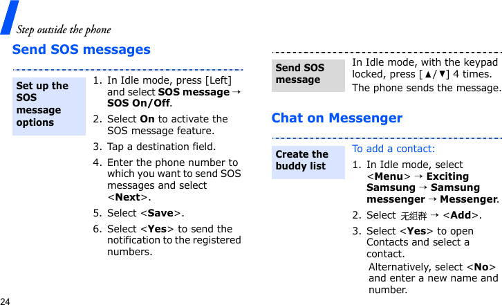 Step outside the phone24Send SOS messagesChat on Messenger1. In Idle mode, press [Left] and select SOS message → SOS On/Off.2. Select On to activate the SOS message feature.3. Tap a destination field.4. Enter the phone number to which you want to send SOS messages and select &lt;Next&gt;.5. Select &lt;Save&gt;.6. Select &lt;Yes&gt; to send the notification to the registered numbers.Set up the SOS message optionsIn Idle mode, with the keypad locked, press [/] 4 times.The phone sends the message.To add a contact:1. In Idle mode, select &lt;Menu&gt; → Exciting Samsung → Samsung messenger → Messenger.2. Select  → &lt;Add&gt;.3. Select &lt;Yes&gt; to open Contacts and select a contact.Alternatively, select &lt;No&gt; and enter a new name and number.Send SOS messageCreate the buddy list