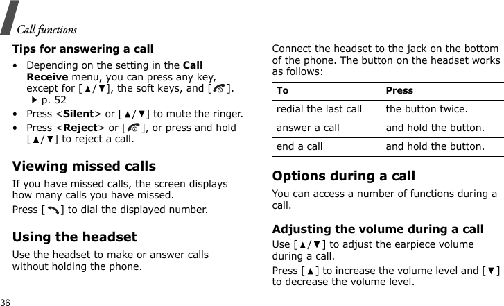 Call functions36Tips for answering a call• Depending on the setting in the Call Receive menu, you can press any key, except for [ / ], the soft keys, and [ ]. p. 52• Press &lt;Silent&gt; or [ / ] to mute the ringer.• Press &lt;Reject&gt; or [ ], or press and hold [ / ] to reject a call.Viewing missed callsIf you have missed calls, the screen displays how many calls you have missed.Press [ ] to dial the displayed number.Using the headsetUse the headset to make or answer calls without holding the phone. Connect the headset to the jack on the bottom of the phone. The button on the headset works as follows:Options during a callYou can access a number of functions during a call.Adjusting the volume during a callUse [ / ] to adjust the earpiece volume during a call.Press [ ] to increase the volume level and [ ] to decrease the volume level.To Pressredial the last call the button twice.answer a call and hold the button.end a call and hold the button.