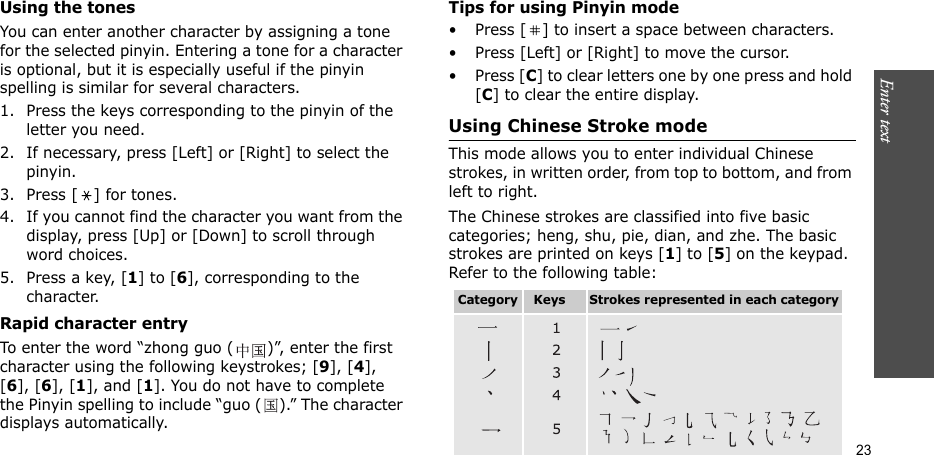 Enter text   23Using the tonesYou can enter another character by assigning a tone for the selected pinyin. Entering a tone for a character is optional, but it is especially useful if the pinyin spelling is similar for several characters.1. Press the keys corresponding to the pinyin of the letter you need. 2. If necessary, press [Left] or [Right] to select the pinyin. 3. Press [ ] for tones.4. If you cannot find the character you want from the display, press [Up] or [Down] to scroll through word choices.5. Press a key, [1] to [6], corresponding to the character.Rapid character entryTo enter the word “zhong guo ( )”, enter the first character using the following keystrokes; [9], [4], [6], [6], [1], and [1]. You do not have to complete the Pinyin spelling to include “guo ( ).” The character displays automatically.Tips for using Pinyin mode• Press [ ] to insert a space between characters.• Press [Left] or [Right] to move the cursor.• Press [C] to clear letters one by one press and hold [C] to clear the entire display.Using Chinese Stroke modeThis mode allows you to enter individual Chinese strokes, in written order, from top to bottom, and from left to right. The Chinese strokes are classified into five basic categories; heng, shu, pie, dian, and zhe. The basic strokes are printed on keys [1] to [5] on the keypad. Refer to the following table:Category    Keys      Strokes represented in each category