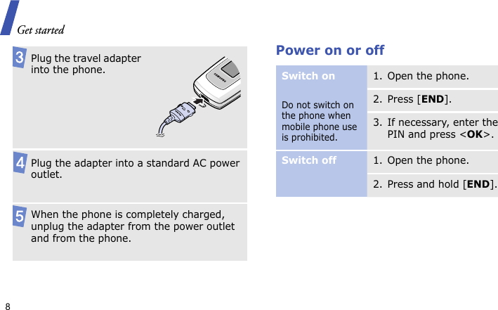 Get started8Power on or offPlug the travel adapter into the phone. Plug the adapter into a standard AC power outlet.When the phone is completely charged, unplug the adapter from the power outlet and from the phone.Switch onDo not switch on the phone when mobile phone use is prohibited.1. Open the phone.2. Press [END].3. If necessary, enter the PIN and press &lt;OK&gt;.Switch off1. Open the phone.2. Press and hold [END].
