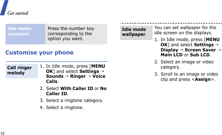 Get started12Customise your phoneUse menu numbersPress the number key corresponding to the option you want.1. In Idle mode, press [MENU OK] and select Settings → Sounds → Ringer → Voice Calls.2. Select With Caller ID or No Caller ID.3. Select a ringtone category.4. Select a ringtone.Call ringer melodyYou can set wallpaper for the idle screen on the displays.1. In Idle mode, press [MENU OK] and select Settings → Display → Screen Saver → Main LCD or Sub LCD.2. Select an image or video category.3. Scroll to an image or video clip and press &lt;Assign&gt;.Idle mode wallpaper