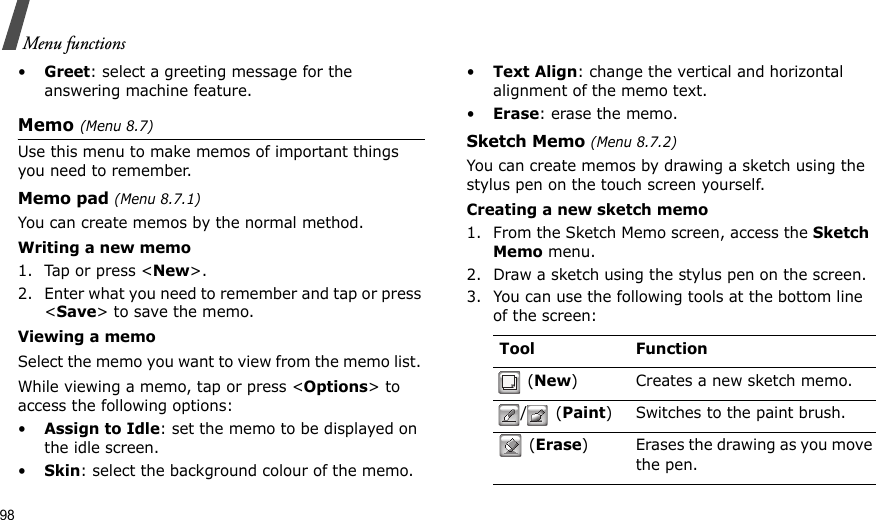 98Menu functions•Greet: select a greeting message for the answering machine feature.Memo (Menu 8.7)Use this menu to make memos of important things you need to remember.Memo pad (Menu 8.7.1)You can create memos by the normal method.Writing a new memo1. Tap or press &lt;New&gt;.2. Enter what you need to remember and tap or press &lt;Save&gt; to save the memo.Viewing a memoSelect the memo you want to view from the memo list. While viewing a memo, tap or press &lt;Options&gt; to access the following options:•Assign to Idle: set the memo to be displayed on the idle screen.•Skin: select the background colour of the memo.•Text Align: change the vertical and horizontal alignment of the memo text. •Erase: erase the memo.Sketch Memo (Menu 8.7.2)You can create memos by drawing a sketch using the stylus pen on the touch screen yourself.Creating a new sketch memo1. From the Sketch Memo screen, access the Sketch Memo menu.2. Draw a sketch using the stylus pen on the screen.3. You can use the following tools at the bottom line of the screen:Tool Function (New) Creates a new sketch memo./ (Paint) Switches to the paint brush. (Erase) Erases the drawing as you move the pen.