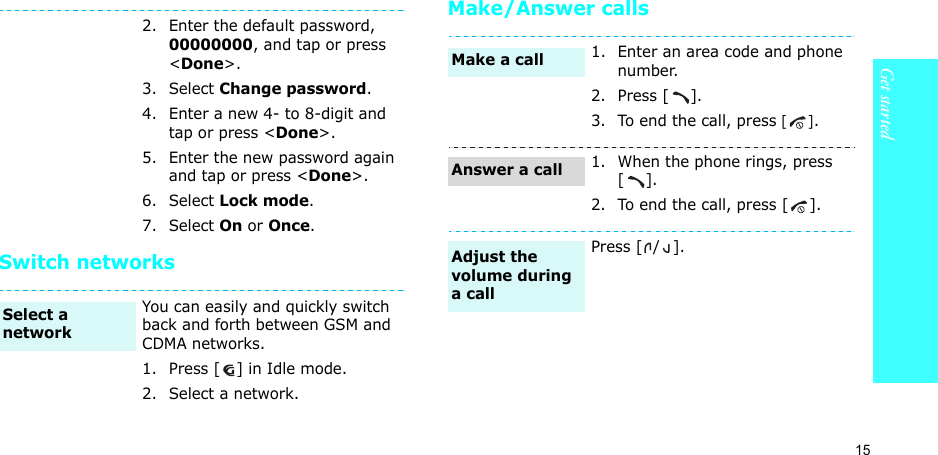 15Get startedSwitch networksMake/Answer calls2. Enter the default password, 00000000, and tap or press &lt;Done&gt;.3. Select Change password.4. Enter a new 4- to 8-digit and tap or press &lt;Done&gt;.5. Enter the new password again and tap or press &lt;Done&gt;.6. Select Lock mode.7. Select On or Once.You can easily and quickly switch back and forth between GSM and CDMA networks.1. Press [ ] in Idle mode.2. Select a network.Select a network1. Enter an area code and phone number.2. Press [ ].3. To end the call, press [].1. When the phone rings, press [].2. To end the call, press [ ].Press [ / ].Make a callAnswer a callAdjust the volume during a call