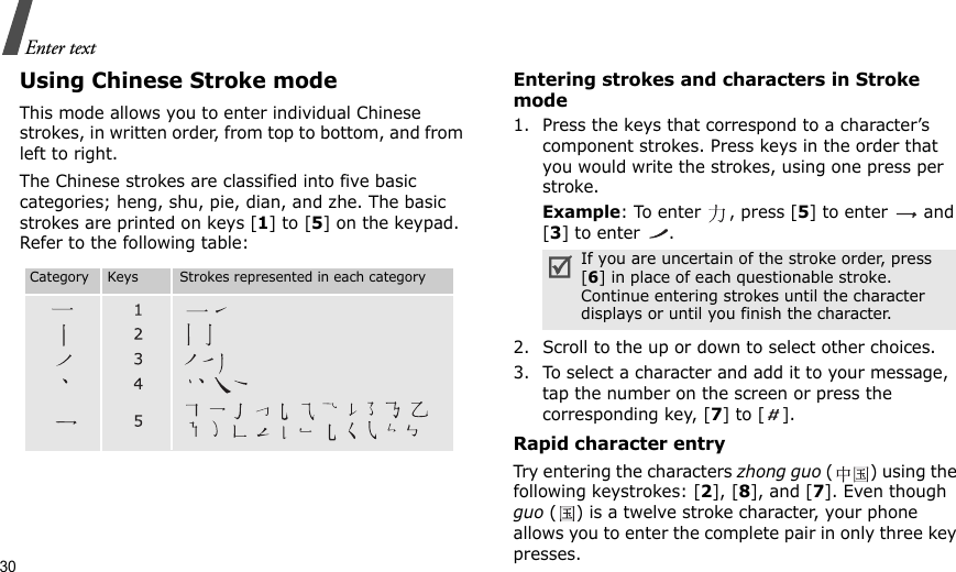 30Enter textUsing Chinese Stroke modeThis mode allows you to enter individual Chinese strokes, in written order, from top to bottom, and from left to right. The Chinese strokes are classified into five basic categories; heng, shu, pie, dian, and zhe. The basic strokes are printed on keys [1] to [5] on the keypad. Refer to the following table:Entering strokes and characters in Stroke mode1. Press the keys that correspond to a character’s component strokes. Press keys in the order that you would write the strokes, using one press per stroke.Example: To enter  , press [5] to enter   and [3] to enter  .2. Scroll to the up or down to select other choices.3. To select a character and add it to your message, tap the number on the screen or press the corresponding key, [7] to [ ].Rapid character entryTry entering the characters zhong guo () using the following keystrokes: [2], [8], and [7]. Even though guo ( ) is a twelve stroke character, your phone allows you to enter the complete pair in only three key presses.Category    Keys         Strokes represented in each categoryIf you are uncertain of the stroke order, press [6] in place of each questionable stroke. Continue entering strokes until the character displays or until you finish the character.