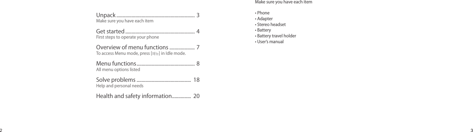 23ContentsMake sure you have each item• Phone• Adapter• Stereo headset• Battery• Battery travel holder• User’s manualYou can obtain the following accessories for your phone from your local Samsung dealer.• Multi adapter• Travel charger• Car charger• PC data cable• Portable battery kit• Portable PC data cable• Music controller• Bluetooth mono/ stereop headset kitUnpackUnpack .............................................................. 3Make sure you have each itemGet started ....................................................... 4First steps to operate your phoneOverview of menu functions .................... 7To access Menu mode, press [메뉴] in Idle mode.Menu functions .............................................. 8All menu options listedSolve problems ...........................................  18Help and personal needsHealth and safety information ...............  20