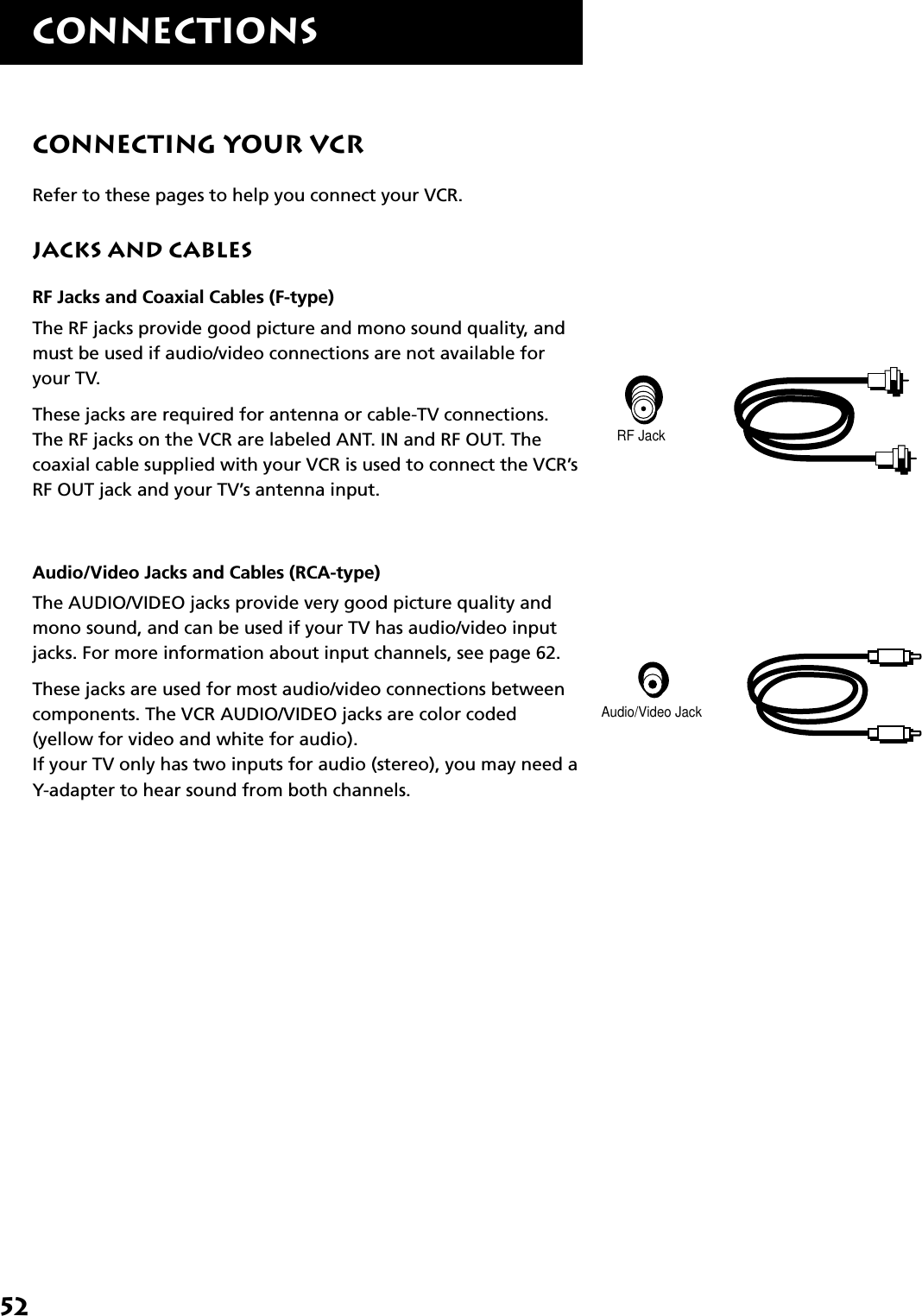 52ConnectionsConnecting Your VCRRefer to these pages to help you connect your VCR.Jacks and CablesRF Jacks and Coaxial Cables (F-type)The RF jacks provide good picture and mono sound quality, andmust be used if audio/video connections are not available foryour TV.These jacks are required for antenna or cable-TV connections.The RF jacks on the VCR are labeled ANT. IN and RF OUT. Thecoaxial cable supplied with your VCR is used to connect the VCR’sRF OUT jack and your TV’s antenna input.Audio/Video Jacks and Cables (RCA-type)The AUDIO/VIDEO jacks provide very good picture quality andmono sound, and can be used if your TV has audio/video inputjacks. For more information about input channels, see page 62.These jacks are used for most audio/video connections betweencomponents. The VCR AUDIO/VIDEO jacks are color coded(yellow for video and white for audio).If your TV only has two inputs for audio (stereo), you may need aY-adapter to hear sound from both channels.RF JackAudio/Video Jack