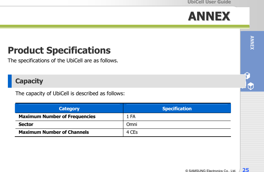  UbiCell User Guide © SAMSUNG Electronics Co., Ltd.  25   AANNNNEEXX   Product Specifications The specifications of the UbiCell are as follows.  Capacity The capacity of UbiCell is described as follows:  Category  Specification Maximum Number of Frequencies  1 FA Sector  Omni Maximum Number of Channels  4 CEs  