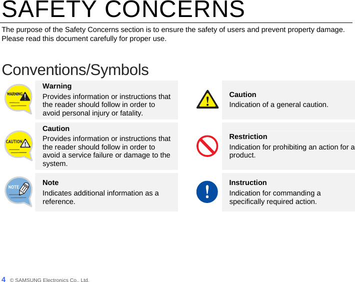 4_ © SAMSUNG Electronics Co., Ltd. SAFETY CONCERNS The purpose of the Safety Concerns section is to ensure the safety of users and prevent property damage. Please read this document carefully for proper use.  Conventions/Symbols  Warning Provides information or instructions that the reader should follow in order to avoid personal injury or fatality. Caution Indication of a general caution.  Caution Provides information or instructions that the reader should follow in order to avoid a service failure or damage to the system. Restriction Indication for prohibiting an action for a product.  Note Indicates additional information as a reference. Instruction Indication for commanding a specifically required action. 