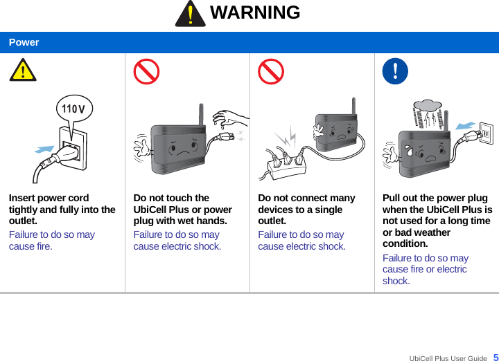 UbiCell Plus User Guide _5 Warning  WARNING Power        Insert power cord tightly and fully into the outlet. Failure to do so may cause fire. Do not touch the UbiCell Plus or power plug with wet hands. Failure to do so may cause electric shock. Do not connect many devices to a single outlet. Failure to do so may cause electric shock. Pull out the power plug when the UbiCell Plus is not used for a long time or bad weather condition. Failure to do so may cause fire or electric shock.  