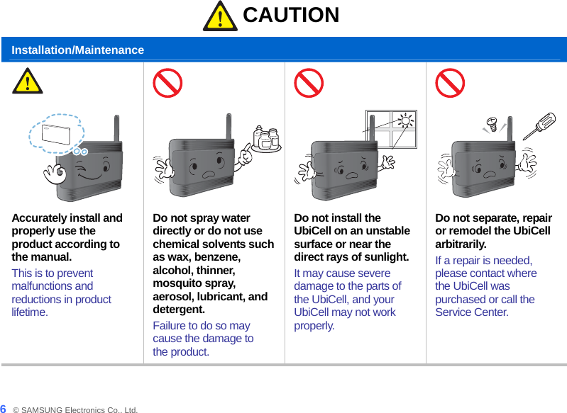 6_ © SAMSUNG Electronics Co., Ltd. Caution  CAUTION Installation/Maintenance       Accurately install and properly use the product according to the manual. This is to prevent malfunctions and reductions in product lifetime. Do not spray water directly or do not use chemical solvents such as wax, benzene, alcohol, thinner, mosquito spray, aerosol, lubricant, and detergent. Failure to do so may cause the damage to the product. Do not install the UbiCell on an unstable surface or near the direct rays of sunlight. It may cause severe damage to the parts of the UbiCell, and your UbiCell may not work properly. Do not separate, repair or remodel the UbiCell arbitrarily. If a repair is needed, please contact where the UbiCell was purchased or call the Service Center.  
