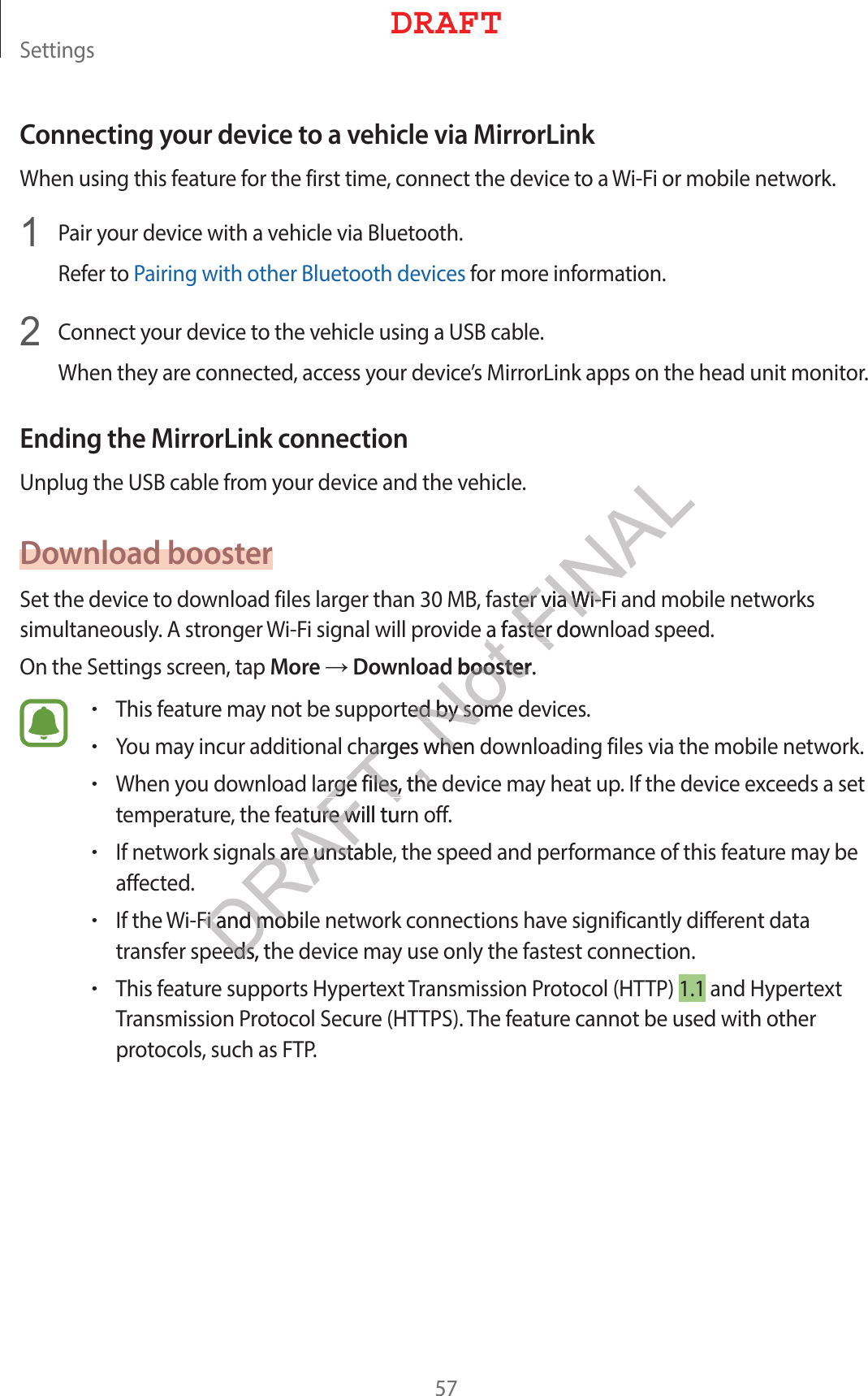 4FUUJOHTConnecting your device to a vehicle via MirrorLink8IFOVTJOHUIJTGFBUVSFGPSUIFGJSTUUJNFDPOOFDUUIFEFWJDFUPB8J&apos;JPSNPCJMFOFUXPSL 1BJSZPVSEFWJDFXJUIBWFIJDMFWJB#MVFUPPUI3FGFSUP1BJSJOHXJUIPUIFS#MVFUPPUIEFWJDFTGPSNPSFJOGPSNBUJPO $POOFDUZPVSEFWJDFUPUIFWFIJDMFVTJOHB64#DBCMF8IFOUIFZBSFDPOOFDUFEBDDFTTZPVSEFWJDFT.JSSPS-JOLBQQTPOUIFIFBEVOJUNPOJUPSEnding the MirrorLink connection6OQMVHUIF64#DBCMFGSPNZPVSEFWJDFBOEUIFWFIJDMFDownload booster4FUUIFEFWJDFUPEPXOMPBEGJMFTMBSHFSUIBO.#GBTUFSWJB8J&apos;JBOENPCJMFOFUXPSLTTJNVMUBOFPVTMZ&quot;TUSPOHFS8J&apos;JTJHOBMXJMMQSPWJEFBGBTUFSEPXOMPBETQFFE0OUIF4FUUJOHTTDSFFOUBQMoreĺDownload boosterr5IJTGFBUVSFNBZOPUCFTVQQPSUFECZTPNFEFWJDFTr:PVNBZJODVSBEEJUJPOBMDIBSHFTXIFOEPXOMPBEJOHGJMFTWJBUIFNPCJMFOFUXPSLr8IFOZPVEPXOMPBEMBSHFGJMFTUIFEFWJDFNBZIFBUVQ*GUIFEFWJDFFYDFFETBTFUUFNQFSBUVSFUIFGFBUVSFXJMMUVSOPGGr*GOFUXPSLTJHOBMTBSFVOTUBCMFUIFTQFFEBOEQFSGPSNBODFPGUIJTGFBUVSFNBZCFBGGFDUFEr*GUIF8J&apos;JBOENPCJMFOFUXPSLDPOOFDUJPOTIBWFTJHOJGJDBOUMZEJGGFSFOUEBUBUSBOTGFSTQFFETUIFEFWJDFNBZVTFPOMZUIFGBTUFTUDPOOFDUJPOr5IJTGFBUVSFTVQQPSUT)ZQFSUFYU5SBOTNJTTJPO1SPUPDPM)551BOE)ZQFSUFYU5SBOTNJTTJPO1SPUPDPM4FDVSF)55145IFGFBUVSFDBOOPUCFVTFEXJUIPUIFSQSPUPDPMTTVDIBT&apos;51%3&quot;&apos;5&apos;J&apos;JDRAFT, Not FINALUFSWJBUFSWJB8J&apos;J8JBBGBTUFSEPXBGBTUFSd boosterboosterUFECZTPNFFECZTPNIBSHFTXIFOIBSHFTXIFSHFGJMFTUIFSHFGJMFTUIFBUVSFXJMMUVSOBUVSFXBMTBSFVOTUBCBMTBSFVOTUBBOENPCJBOENPFETUIFET