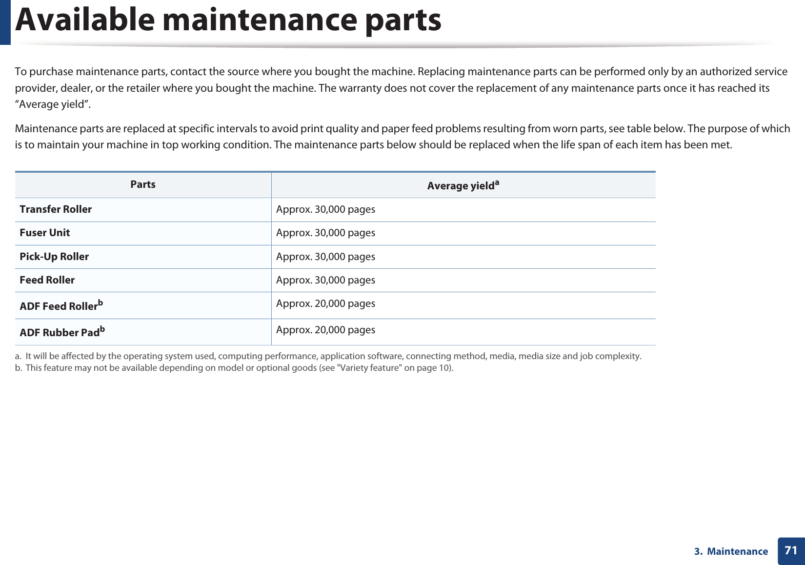 713.  MaintenanceAvailable maintenance partsTo purchase maintenance parts, contact the source where you bought the machine. Replacing maintenance parts can be performed only by an authorized service provider, dealer, or the retailer where you bought the machine. The warranty does not cover the replacement of any maintenance parts once it has reached its “Average yield”.Maintenance parts are replaced at specific intervals to avoid print quality and paper feed problems resulting from worn parts, see table below. The purpose of which is to maintain your machine in top working condition. The maintenance parts below should be replaced when the life span of each item has been met.Parts Average yieldaa. It will be affected by the operating system used, computing performance, application software, connecting method, media, media size and job complexity.Transfer Roller Approx. 30,000 pages Fuser Unit Approx. 30,000 pagesPick-Up Roller Approx. 30,000 pagesFeed Roller Approx. 30,000 pagesADF Feed Rollerbb. This feature may not be available depending on model or optional goods (see &quot;Variety feature&quot; on page 10).Approx. 20,000 pagesADF Rubber PadbApprox. 20,000 pages