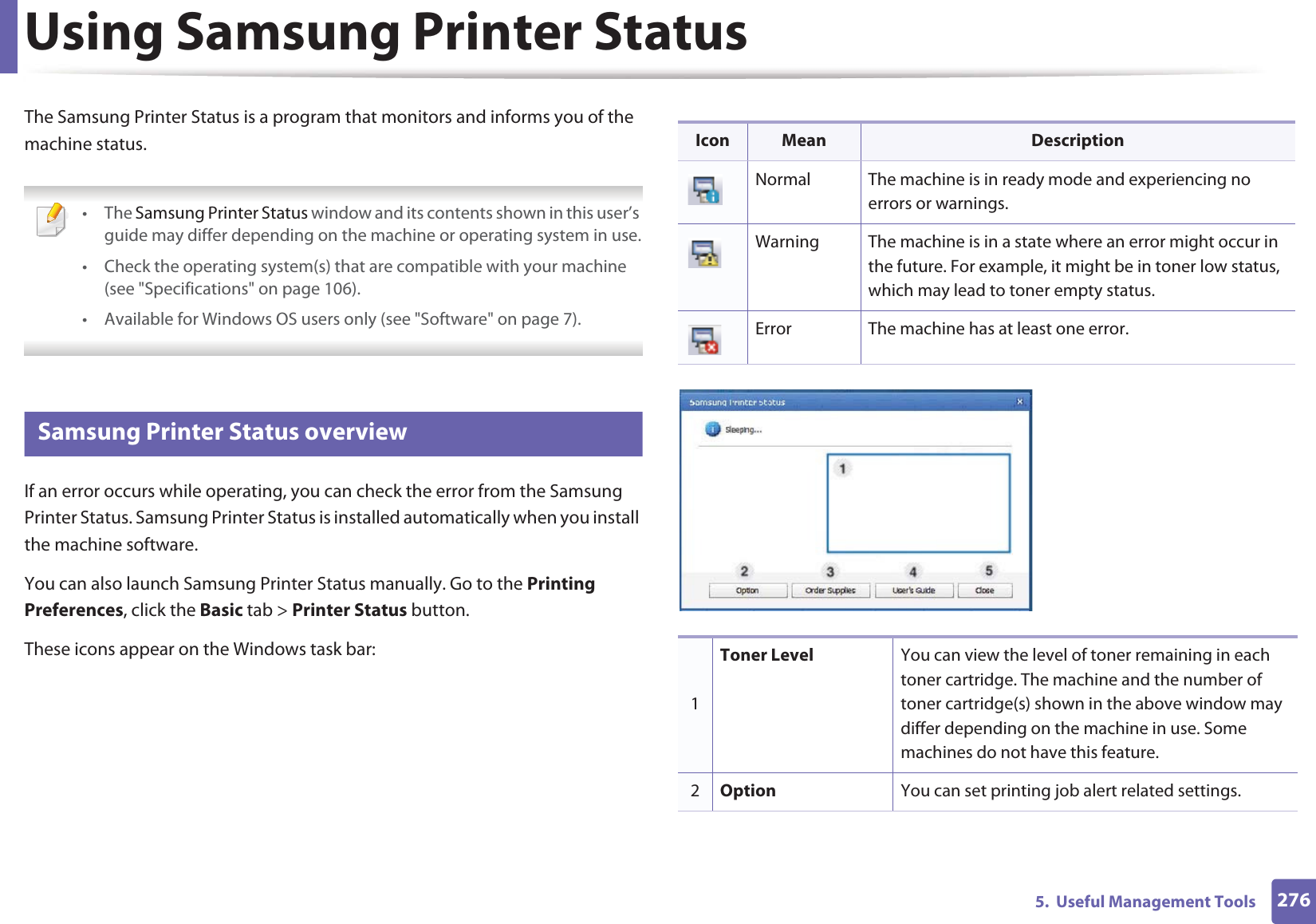 2765.  Useful Management ToolsUsing Samsung Printer Status The Samsung Printer Status is a program that monitors and informs you of the machine status.  • The Samsung Printer Status window and its contents shown in this user’s guide may differ depending on the machine or operating system in use.• Check the operating system(s) that are compatible with your machine (see &quot;Specifications&quot; on page 106).• Available for Windows OS users only (see &quot;Software&quot; on page 7). 7 Samsung Printer Status overviewIf an error occurs while operating, you can check the error from the Samsung Printer Status. Samsung Printer Status is installed automatically when you install the machine software. You can also launch Samsung Printer Status manually. Go to the Printing Preferences, click the Basic tab &gt; Printer Status button.These icons appear on the Windows task bar:Icon Mean DescriptionNormal The machine is in ready mode and experiencing no errors or warnings.Warning The machine is in a state where an error might occur in the future. For example, it might be in toner low status, which may lead to toner empty status. Error The machine has at least one error.1Toner Level You can view the level of toner remaining in each toner cartridge. The machine and the number of toner cartridge(s) shown in the above window may differ depending on the machine in use. Some machines do not have this feature.2Option You can set printing job alert related settings. 