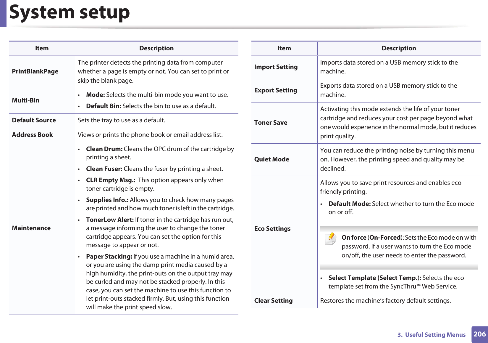 System setup2063.  Useful Setting MenusPrintBlankPageThe printer detects the printing data from computer whether a page is empty or not. You can set to print or skip the blank page.Multi-Bin •Mode: Selects the multi-bin mode you want to use. •Default Bin: Selects the bin to use as a default.Default Source Sets the tray to use as a default.Address Book Views or prints the phone book or email address list.Maintenance•Clean Drum: Cleans the OPC drum of the cartridge by printing a sheet.•Clean Fuser: Cleans the fuser by printing a sheet.•CLR Empty Msg.:  This option appears only when toner cartridge is empty.•Supplies Info.: Allows you to check how many pages are printed and how much toner is left in the cartridge. •TonerLow Alert: If toner in the cartridge has run out, a message informing the user to change the toner cartridge appears. You can set the option for this message to appear or not.•Paper Stacking: If you use a machine in a humid area, or you are using the damp print media caused by a high humidity, the print-outs on the output tray may be curled and may not be stacked properly. In this case, you can set the machine to use this function to let print-outs stacked firmly. But, using this function will make the print speed slow.Item DescriptionImport Setting Imports data stored on a USB memory stick to the machine.Export Setting Exports data stored on a USB memory stick to the machine.Toner SaveActivating this mode extends the life of your toner cartridge and reduces your cost per page beyond what one would experience in the normal mode, but it reduces print quality.Quiet ModeYou can reduce the printing noise by turning this menu on. However, the printing speed and quality may be declined. Eco SettingsAllows you to save print resources and enables eco-friendly printing. •Default Mode: Select whether to turn the Eco mode on or off. On force (On-Forced): Sets the Eco mode on with password. If a user wants to turn the Eco mode on/off, the user needs to enter the password. •Select Template (Select Temp.): Selects the eco template set from the SyncThru™ Web Service.Clear Setting Restores the machine’s factory default settings. Item Description