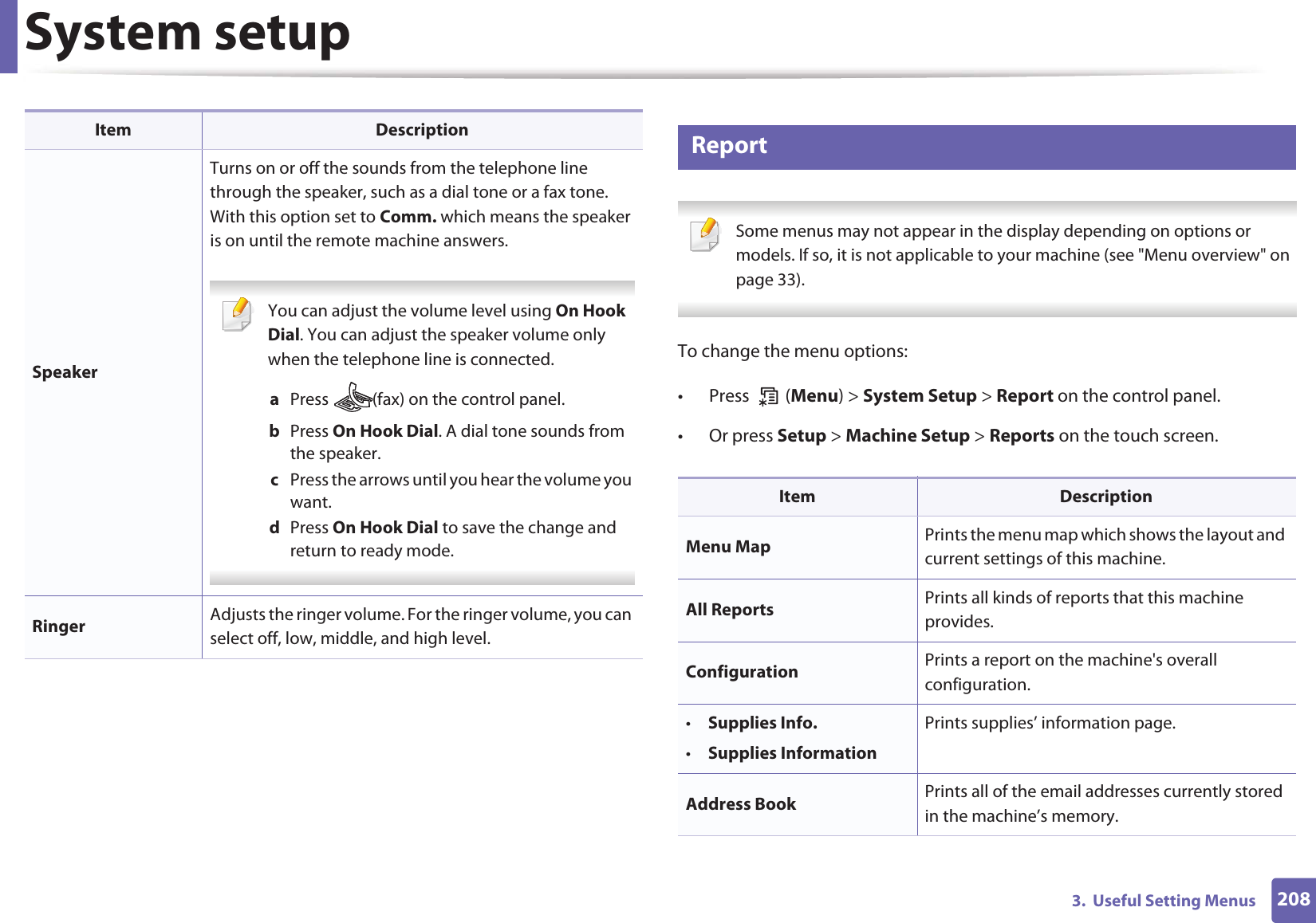 System setup2083.  Useful Setting Menus11 Report Some menus may not appear in the display depending on options or models. If so, it is not applicable to your machine (see &quot;Menu overview&quot; on page 33). To change the menu options:• Press  (Menu) &gt; System Setup &gt; Report on the control panel.• Or press Setup &gt; Machine Setup &gt; Reports on the touch screen.SpeakerTurns on or off the sounds from the telephone line through the speaker, such as a dial tone or a fax tone. With this option set to Comm. which means the speaker is on until the remote machine answers. You can adjust the volume level using On Hook Dial. You can adjust the speaker volume only when the telephone line is connected.a  Press  (fax) on the control panel.b  Press On Hook Dial. A dial tone sounds from the speaker.c  Press the arrows until you hear the volume you want.d  Press On Hook Dial to save the change and return to ready mode. Ringer Adjusts the ringer volume. For the ringer volume, you can select off, low, middle, and high level.Item DescriptionItem DescriptionMenu Map Prints the menu map which shows the layout and current settings of this machine.All Reports Prints all kinds of reports that this machine provides.Configuration Prints a report on the machine&apos;s overall configuration.•Supplies Info.•Supplies InformationPrints supplies’ information page. Address Book  Prints all of the email addresses currently stored in the machine’s memory.
