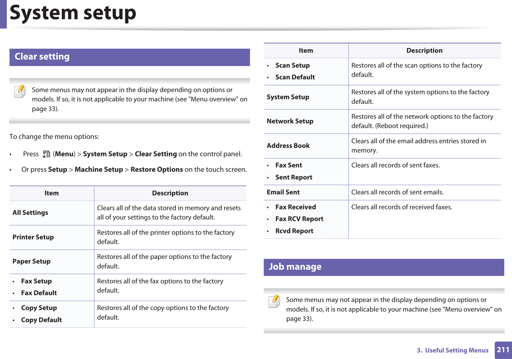 System setup2113.  Useful Setting Menus13 Clear setting Some menus may not appear in the display depending on options or models. If so, it is not applicable to your machine (see &quot;Menu overview&quot; on page 33). To change the menu options:•  Press   (Menu) &gt; System Setup &gt; Clear Setting on the control panel.• Or press Setup &gt; Machine Setup &gt; Restore Options on the touch screen.14 Job manage Some menus may not appear in the display depending on options or models. If so, it is not applicable to your machine (see &quot;Menu overview&quot; on page 33). Item DescriptionAll Settings Clears all of the data stored in memory and resets all of your settings to the factory default.Printer Setup Restores all of the printer options to the factory default.Paper Setup Restores all of the paper options to the factory default.•Fax Setup•Fax DefaultRestores all of the fax options to the factory default.•Copy Setup•Copy DefaultRestores all of the copy options to the factory default.•Scan Setup•Scan DefaultRestores all of the scan options to the factory default.System Setup Restores all of the system options to the factory default.Network Setup Restores all of the network options to the factory default. (Reboot required.)Address Book Clears all of the email address entries stored in memory.•Fax Sent•Sent ReportClears all records of sent faxes.Email Sent Clears all records of sent emails.•Fax Received•Fax RCV Report•Rcvd ReportClears all records of received faxes.Item Description