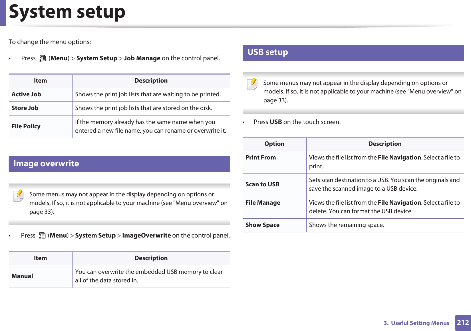System setup2123.  Useful Setting MenusTo change the menu options:•  Press   (Menu) &gt; System Setup &gt; Job Manage on the control panel.15 Image overwrite Some menus may not appear in the display depending on options or models. If so, it is not applicable to your machine (see &quot;Menu overview&quot; on page 33). •  Press   (Menu) &gt; System Setup &gt; ImageOverwrite on the control panel.16 USB setup Some menus may not appear in the display depending on options or models. If so, it is not applicable to your machine (see &quot;Menu overview&quot; on page 33). • Press USB on the touch screen.Item DescriptionActive Job Shows the print job lists that are waiting to be printed.Store Job Shows the print job lists that are stored on the disk.File Policy If the memory already has the same name when you entered a new file name, you can rename or overwrite it.Item DescriptionManual You can overwrite the embedded USB memory to clear all of the data stored in.Option DescriptionPrint From Views the file list from the File Navigation. Select a file to print.Scan to USB Sets scan destination to a USB. You scan the originals and save the scanned image to a USB device.File Manage Views the file list from the File Navigation. Select a file to delete. You can format the USB device.Show Space Shows the remaining space.