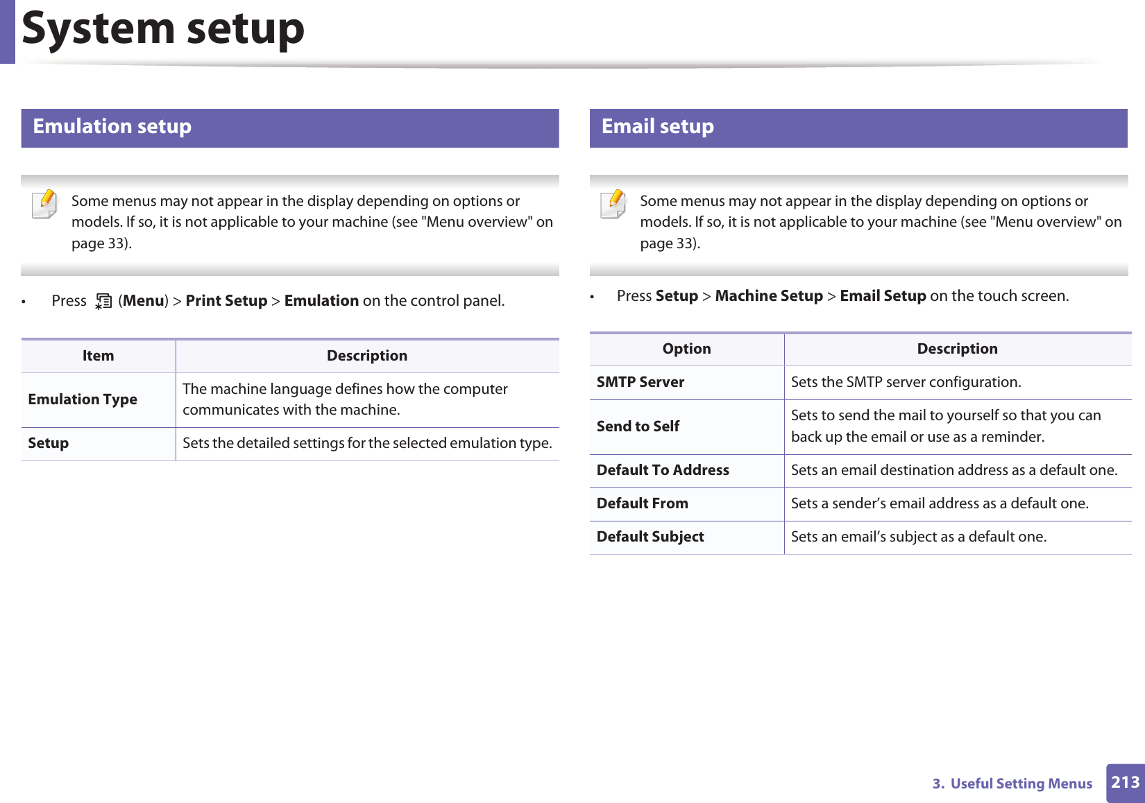 System setup2133.  Useful Setting Menus17 Emulation setup Some menus may not appear in the display depending on options or models. If so, it is not applicable to your machine (see &quot;Menu overview&quot; on page 33). •  Press   (Menu) &gt; Print Setup &gt; Emulation on the control panel.18 Email setup Some menus may not appear in the display depending on options or models. If so, it is not applicable to your machine (see &quot;Menu overview&quot; on page 33). • Press Setup &gt; Machine Setup &gt; Email Setup on the touch screen.Item DescriptionEmulation Type The machine language defines how the computer communicates with the machine.Setup Sets the detailed settings for the selected emulation type.Option DescriptionSMTP Server Sets the SMTP server configuration.Send to Self Sets to send the mail to yourself so that you can back up the email or use as a reminder.Default To Address Sets an email destination address as a default one.Default From Sets a sender’s email address as a default one.Default Subject Sets an email’s subject as a default one.
