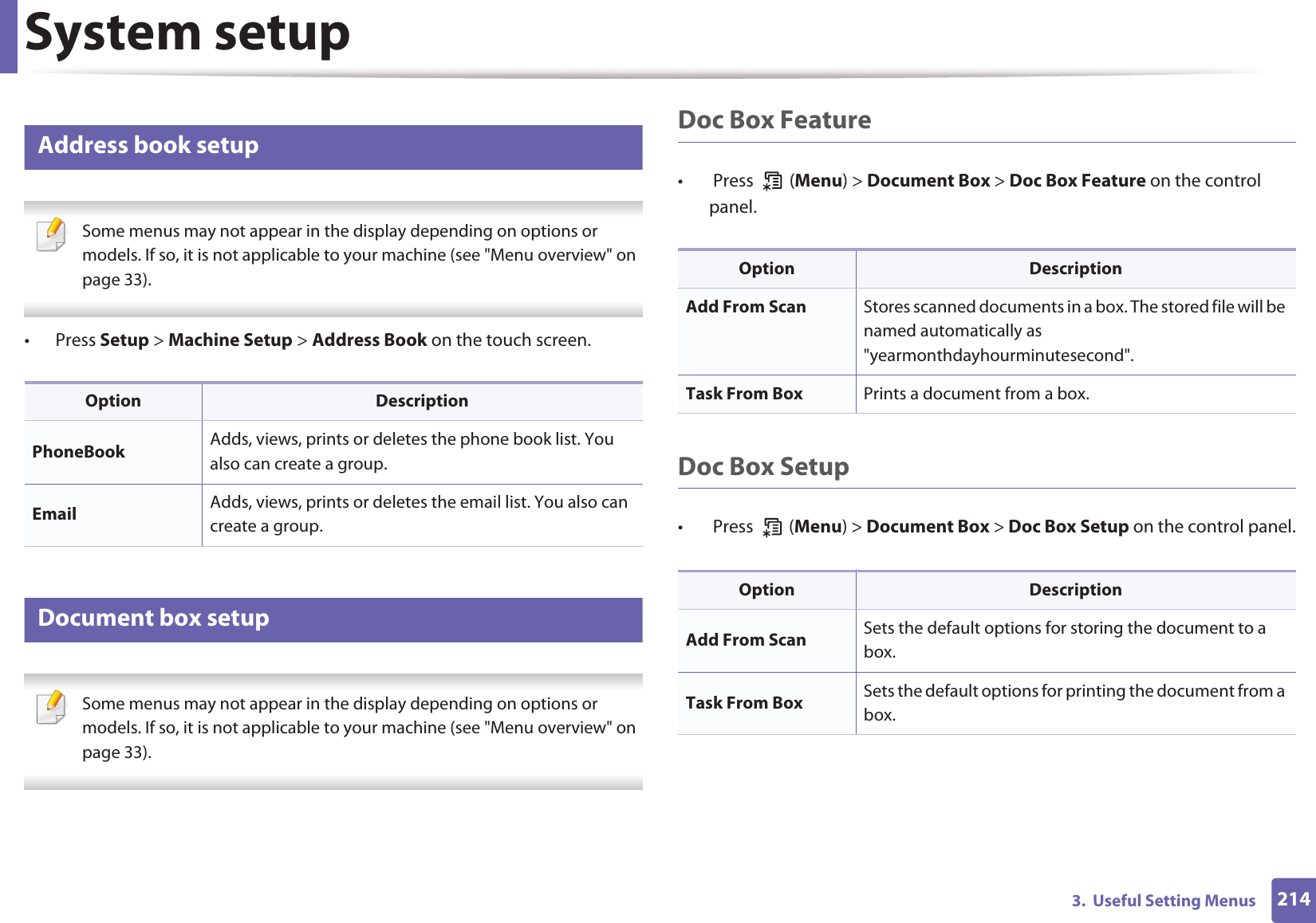 System setup2143.  Useful Setting Menus19 Address book setup Some menus may not appear in the display depending on options or models. If so, it is not applicable to your machine (see &quot;Menu overview&quot; on page 33). • Press Setup &gt; Machine Setup &gt; Address Book on the touch screen.20 Document box setup Some menus may not appear in the display depending on options or models. If so, it is not applicable to your machine (see &quot;Menu overview&quot; on page 33). Doc Box Feature•  Press   (Menu) &gt; Document Box &gt; Doc Box Feature on the control panel.Doc Box Setup•  Press   (Menu) &gt; Document Box &gt; Doc Box Setup on the control panel.Option DescriptionPhoneBook Adds, views, prints or deletes the phone book list. You also can create a group.Email Adds, views, prints or deletes the email list. You also can create a group.Option DescriptionAdd From Scan Stores scanned documents in a box. The stored file will be named automatically as &quot;yearmonthdayhourminutesecond&quot;.Task From Box Prints a document from a box.Option DescriptionAdd From Scan Sets the default options for storing the document to a box.Task From Box Sets the default options for printing the document from a box.