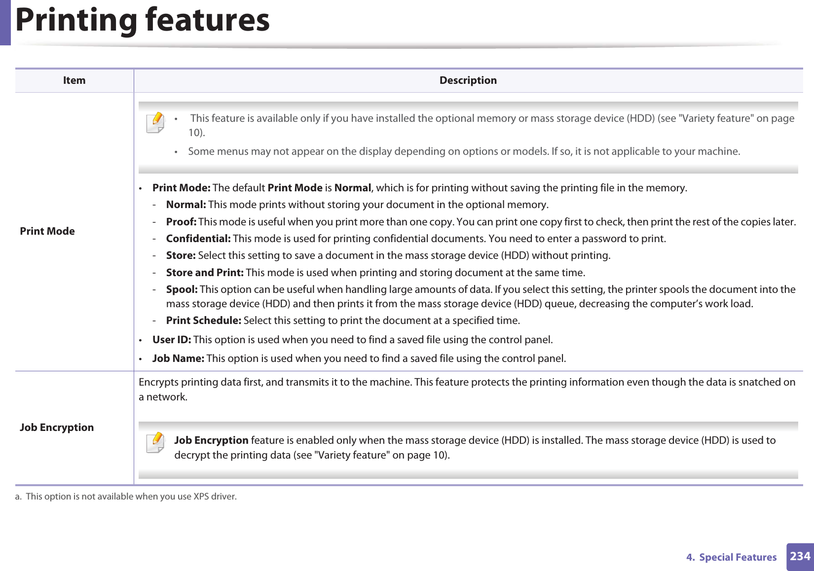 Printing features2344.  Special Features Print Mode •  This feature is available only if you have installed the optional memory or mass storage device (HDD) (see &quot;Variety feature&quot; on page 10).• Some menus may not appear on the display depending on options or models. If so, it is not applicable to your machine. •Print Mode: The default Print Mode is Normal, which is for printing without saving the printing file in the memory. -Normal: This mode prints without storing your document in the optional memory. -Proof: This mode is useful when you print more than one copy. You can print one copy first to check, then print the rest of the copies later. -Confidential: This mode is used for printing confidential documents. You need to enter a password to print. -Store: Select this setting to save a document in the mass storage device (HDD) without printing. -Store and Print: This mode is used when printing and storing document at the same time. -Spool: This option can be useful when handling large amounts of data. If you select this setting, the printer spools the document into the mass storage device (HDD) and then prints it from the mass storage device (HDD) queue, decreasing the computer’s work load.-Print Schedule: Select this setting to print the document at a specified time.•User ID: This option is used when you need to find a saved file using the control panel. •Job Name: This option is used when you need to find a saved file using the control panel. Job EncryptionEncrypts printing data first, and transmits it to the machine. This feature protects the printing information even though the data is snatched on a network. Job Encryption feature is enabled only when the mass storage device (HDD) is installed. The mass storage device (HDD) is used to decrypt the printing data (see &quot;Variety feature&quot; on page 10). a. This option is not available when you use XPS driver.Item Description