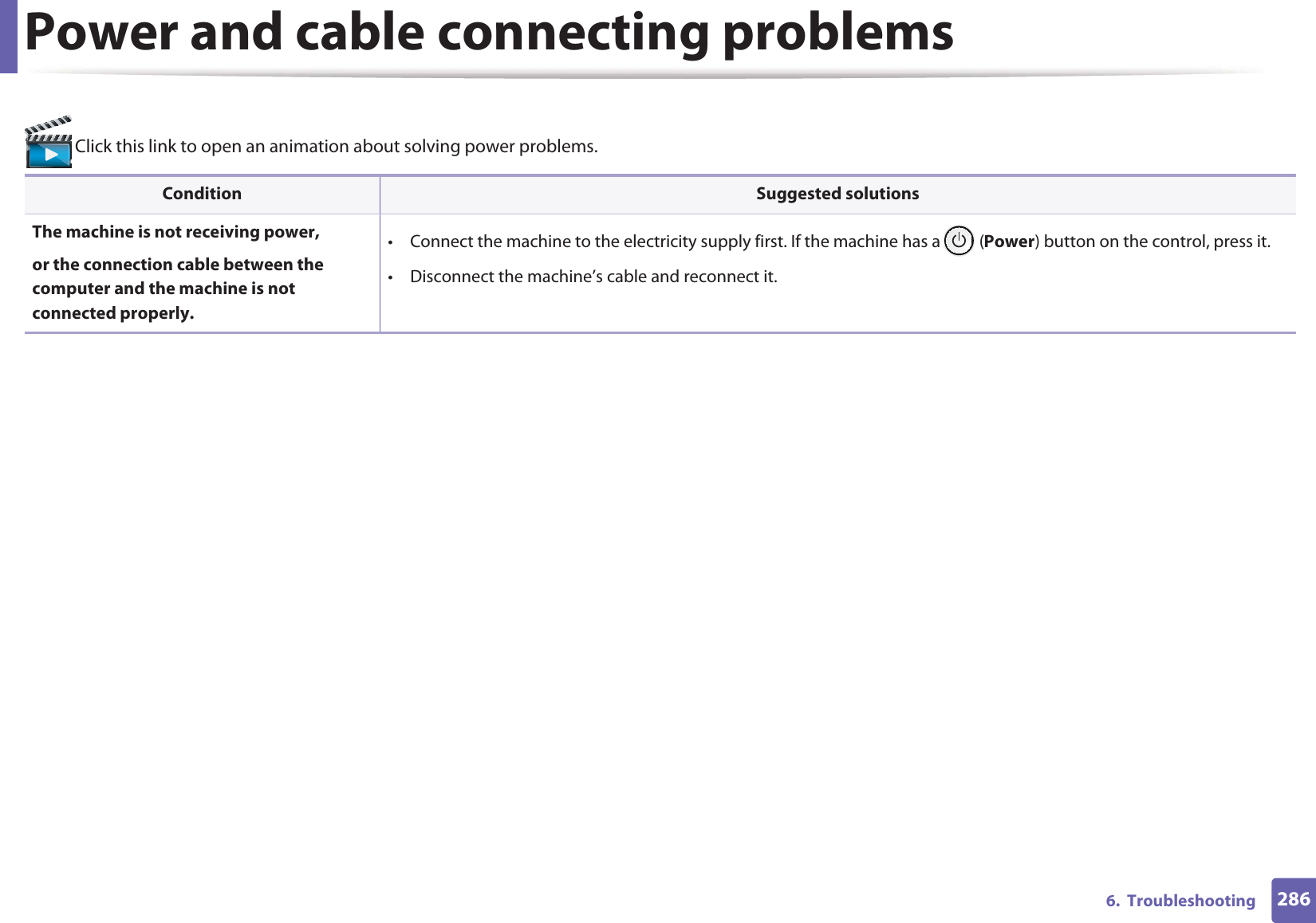 2866.  TroubleshootingPower and cable connecting problems Click this link to open an animation about solving power problems.Condition Suggested solutionsThe machine is not receiving power, or the connection cable between the computer and the machine is not connected properly.• Connect the machine to the electricity supply first. If the machine has a   (Power) button on the control, press it. • Disconnect the machine’s cable and reconnect it.