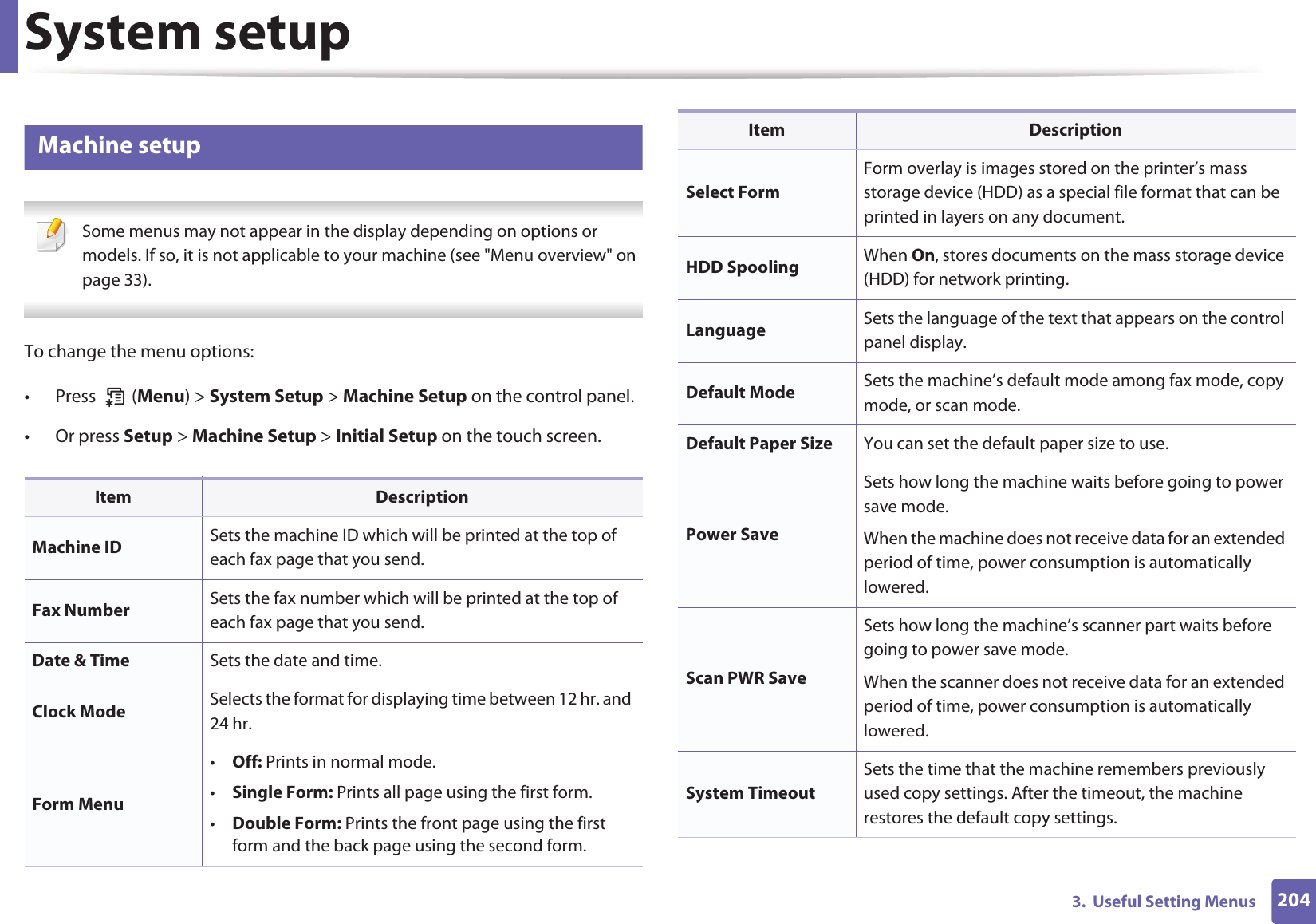 2043.  Useful Setting MenusSystem setup8 Machine setup Some menus may not appear in the display depending on options or models. If so, it is not applicable to your machine (see &quot;Menu overview&quot; on page 33). To change the menu options:• Press  (Menu) &gt; System Setup &gt; Machine Setup on the control panel.• Or press Setup &gt; Machine Setup &gt; Initial Setup on the touch screen.Item DescriptionMachine ID Sets the machine ID which will be printed at the top of each fax page that you send.Fax Number Sets the fax number which will be printed at the top of each fax page that you send.Date &amp; Time Sets the date and time.Clock Mode Selects the format for displaying time between 12 hr. and 24 hr. Form Menu•Off: Prints in normal mode.•Single Form: Prints all page using the first form.•Double Form: Prints the front page using the first form and the back page using the second form.Select FormForm overlay is images stored on the printer’s mass storage device (HDD) as a special file format that can be printed in layers on any document. HDD Spooling When On, stores documents on the mass storage device (HDD) for network printing.Language Sets the language of the text that appears on the control panel display.Default Mode Sets the machine’s default mode among fax mode, copy mode, or scan mode.Default Paper Size You can set the default paper size to use.Power SaveSets how long the machine waits before going to power save mode.When the machine does not receive data for an extended period of time, power consumption is automatically lowered. Scan PWR SaveSets how long the machine’s scanner part waits before going to power save mode.When the scanner does not receive data for an extended period of time, power consumption is automatically lowered. System TimeoutSets the time that the machine remembers previously used copy settings. After the timeout, the machine restores the default copy settings.Item Description