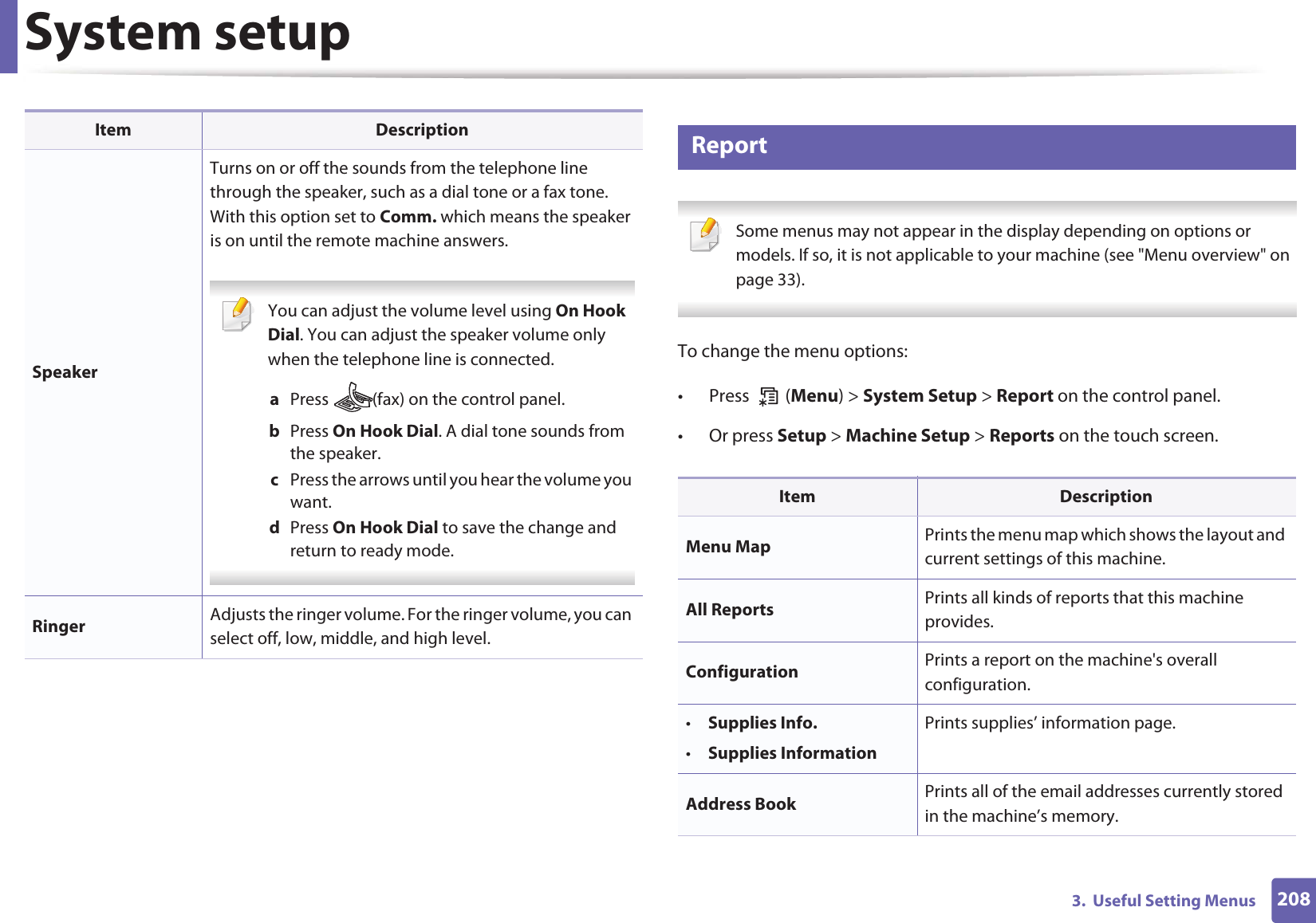 System setup2083.  Useful Setting Menus11 Report Some menus may not appear in the display depending on options or models. If so, it is not applicable to your machine (see &quot;Menu overview&quot; on page 33). To change the menu options:• Press  (Menu) &gt; System Setup &gt; Report on the control panel.• Or press Setup &gt; Machine Setup &gt; Reports on the touch screen.SpeakerTurns on or off the sounds from the telephone line through the speaker, such as a dial tone or a fax tone. With this option set to Comm. which means the speaker is on until the remote machine answers. You can adjust the volume level using On Hook Dial. You can adjust the speaker volume only when the telephone line is connected.a  Press  (fax) on the control panel.b  Press On Hook Dial. A dial tone sounds from the speaker.c  Press the arrows until you hear the volume you want.d  Press On Hook Dial to save the change and return to ready mode. Ringer Adjusts the ringer volume. For the ringer volume, you can select off, low, middle, and high level.Item DescriptionItem DescriptionMenu Map Prints the menu map which shows the layout and current settings of this machine.All Reports Prints all kinds of reports that this machine provides.Configuration Prints a report on the machine&apos;s overall configuration.•Supplies Info.•Supplies InformationPrints supplies’ information page. Address Book  Prints all of the email addresses currently stored in the machine’s memory.