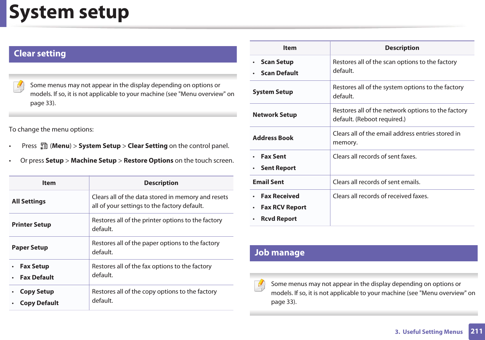 System setup2113.  Useful Setting Menus13 Clear setting Some menus may not appear in the display depending on options or models. If so, it is not applicable to your machine (see &quot;Menu overview&quot; on page 33). To change the menu options:•  Press   (Menu) &gt; System Setup &gt; Clear Setting on the control panel.• Or press Setup &gt; Machine Setup &gt; Restore Options on the touch screen.14 Job manage Some menus may not appear in the display depending on options or models. If so, it is not applicable to your machine (see &quot;Menu overview&quot; on page 33). Item DescriptionAll Settings Clears all of the data stored in memory and resets all of your settings to the factory default.Printer Setup Restores all of the printer options to the factory default.Paper Setup Restores all of the paper options to the factory default.•Fax Setup•Fax DefaultRestores all of the fax options to the factory default.•Copy Setup•Copy DefaultRestores all of the copy options to the factory default.•Scan Setup•Scan DefaultRestores all of the scan options to the factory default.System Setup Restores all of the system options to the factory default.Network Setup Restores all of the network options to the factory default. (Reboot required.)Address Book Clears all of the email address entries stored in memory.•Fax Sent•Sent ReportClears all records of sent faxes.Email Sent Clears all records of sent emails.•Fax Received•Fax RCV Report•Rcvd ReportClears all records of received faxes.Item Description