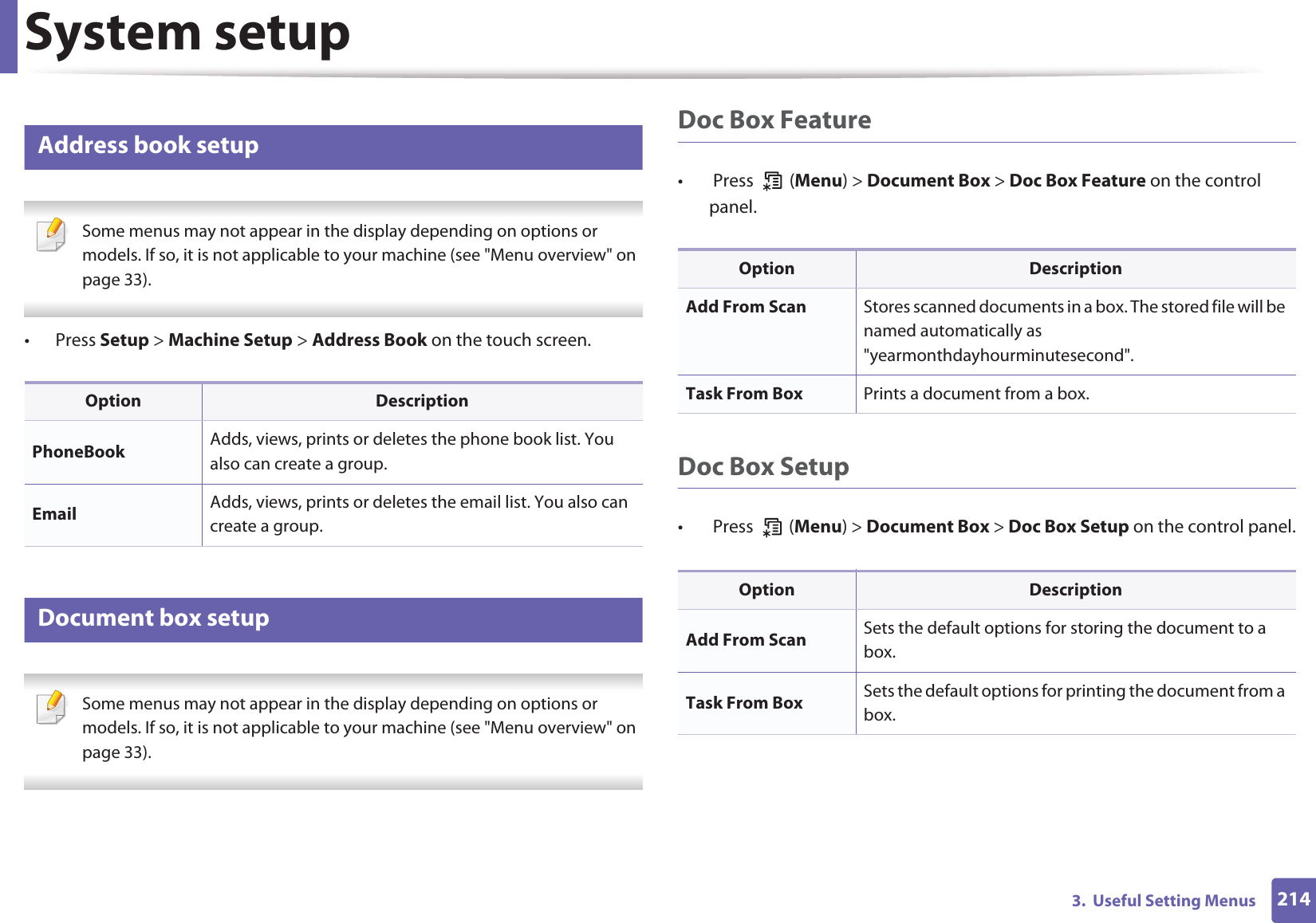 System setup2143.  Useful Setting Menus19 Address book setup Some menus may not appear in the display depending on options or models. If so, it is not applicable to your machine (see &quot;Menu overview&quot; on page 33). • Press Setup &gt; Machine Setup &gt; Address Book on the touch screen.20 Document box setup Some menus may not appear in the display depending on options or models. If so, it is not applicable to your machine (see &quot;Menu overview&quot; on page 33). Doc Box Feature•  Press   (Menu) &gt; Document Box &gt; Doc Box Feature on the control panel.Doc Box Setup•  Press   (Menu) &gt; Document Box &gt; Doc Box Setup on the control panel.Option DescriptionPhoneBook Adds, views, prints or deletes the phone book list. You also can create a group.Email Adds, views, prints or deletes the email list. You also can create a group.Option DescriptionAdd From Scan Stores scanned documents in a box. The stored file will be named automatically as &quot;yearmonthdayhourminutesecond&quot;.Task From Box Prints a document from a box.Option DescriptionAdd From Scan Sets the default options for storing the document to a box.Task From Box Sets the default options for printing the document from a box.