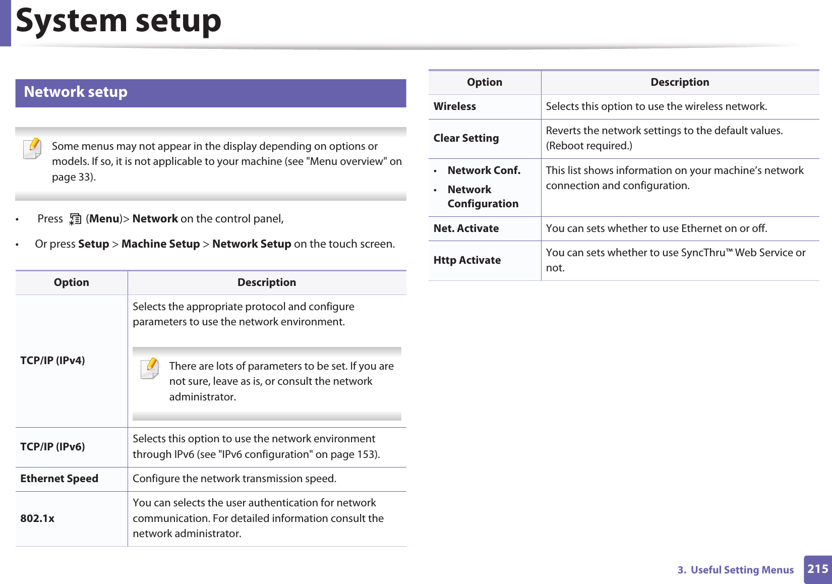 System setup2153.  Useful Setting Menus21 Network setup Some menus may not appear in the display depending on options or models. If so, it is not applicable to your machine (see &quot;Menu overview&quot; on page 33). •  Press   (Menu)&gt; Network on the control panel,• Or press Setup &gt; Machine Setup &gt; Network Setup on the touch screen.Option DescriptionTCP/IP (IPv4)Selects the appropriate protocol and configure parameters to use the network environment. There are lots of parameters to be set. If you are not sure, leave as is, or consult the network administrator. TCP/IP (IPv6) Selects this option to use the network environment through IPv6 (see &quot;IPv6 configuration&quot; on page 153).Ethernet Speed Configure the network transmission speed.802.1xYou can selects the user authentication for network communication. For detailed information consult the network administrator.Wireless Selects this option to use the wireless network.Clear Setting Reverts the network settings to the default values. (Reboot required.)•Network Conf.•Network ConfigurationThis list shows information on your machine’s network connection and configuration.Net. Activate You can sets whether to use Ethernet on or off.Http Activate You can sets whether to use SyncThru™ Web Service or not.Option Description