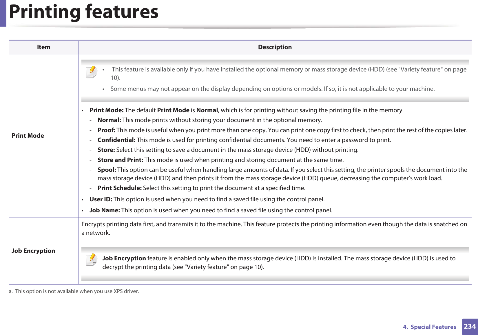 Printing features2344.  Special Features Print Mode •  This feature is available only if you have installed the optional memory or mass storage device (HDD) (see &quot;Variety feature&quot; on page 10).• Some menus may not appear on the display depending on options or models. If so, it is not applicable to your machine. •Print Mode: The default Print Mode is Normal, which is for printing without saving the printing file in the memory. -Normal: This mode prints without storing your document in the optional memory. -Proof: This mode is useful when you print more than one copy. You can print one copy first to check, then print the rest of the copies later. -Confidential: This mode is used for printing confidential documents. You need to enter a password to print. -Store: Select this setting to save a document in the mass storage device (HDD) without printing. -Store and Print: This mode is used when printing and storing document at the same time. -Spool: This option can be useful when handling large amounts of data. If you select this setting, the printer spools the document into the mass storage device (HDD) and then prints it from the mass storage device (HDD) queue, decreasing the computer’s work load.-Print Schedule: Select this setting to print the document at a specified time.•User ID: This option is used when you need to find a saved file using the control panel. •Job Name: This option is used when you need to find a saved file using the control panel. Job EncryptionEncrypts printing data first, and transmits it to the machine. This feature protects the printing information even though the data is snatched on a network. Job Encryption feature is enabled only when the mass storage device (HDD) is installed. The mass storage device (HDD) is used to decrypt the printing data (see &quot;Variety feature&quot; on page 10). a. This option is not available when you use XPS driver.Item Description