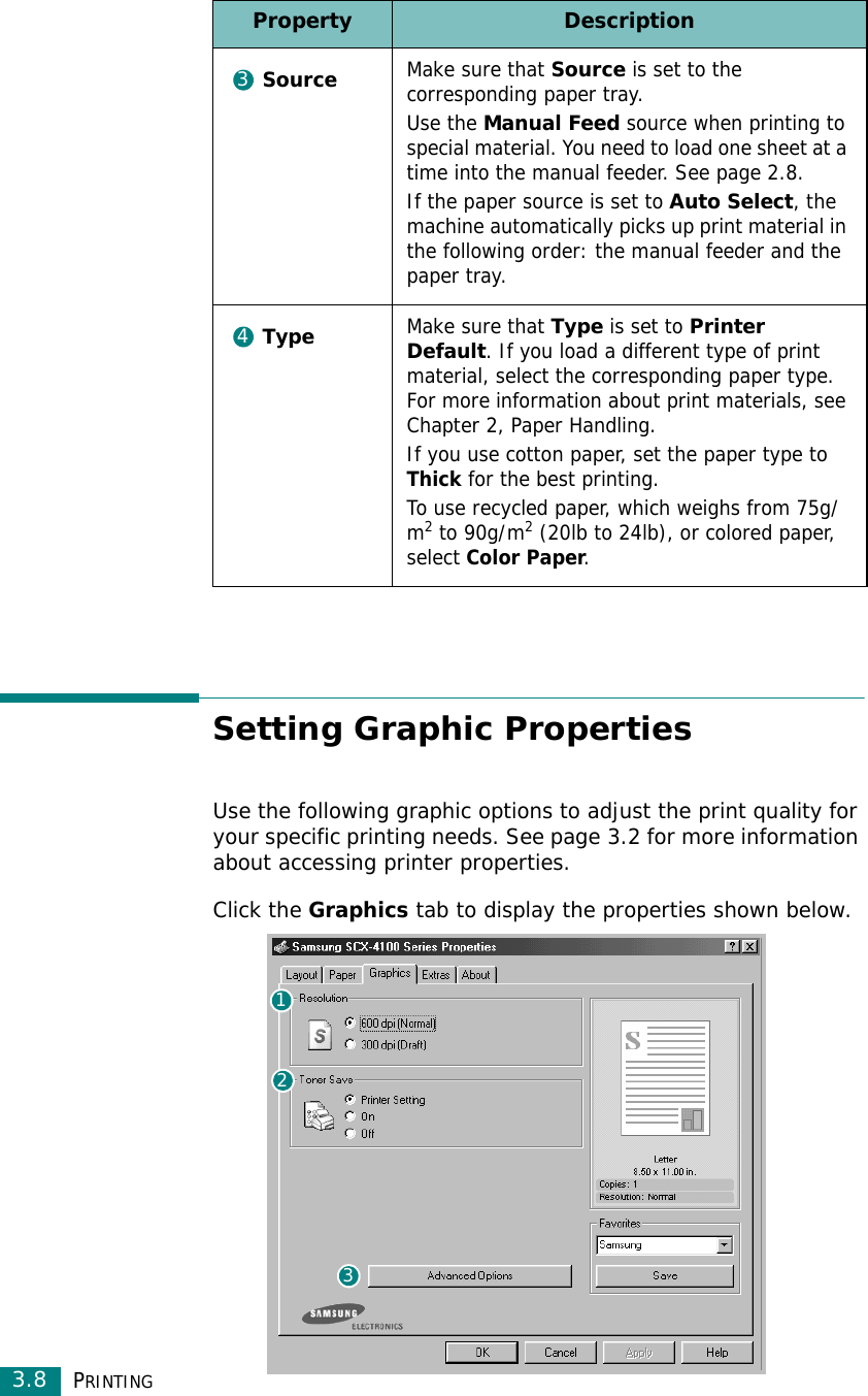 PRINTING3.8Setting Graphic PropertiesUse the following graphic options to adjust the print quality for your specific printing needs. See page 3.2 for more information about accessing printer properties.Click the Graphics tab to display the properties shown below. SourceMake sure that Source is set to the corresponding paper tray.Use the Manual Feed source when printing to special material. You need to load one sheet at a time into the manual feeder. See page 2.8.If the paper source is set to Auto Select, the machine automatically picks up print material in the following order: the manual feeder and the paper tray.TypeMake sure that Type is set to Printer Default. If you load a different type of print material, select the corresponding paper type. For more information about print materials, see Chapter 2, Paper Handling.If you use cotton paper, set the paper type to Thick for the best printing.To use recycled paper, which weighs from 75g/m2 to 90g/m2 (20lb to 24lb), or colored paper, select Color Paper.Property Description34132