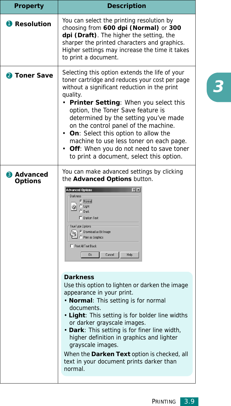 PRINTING3.93Property DescriptionResolutionYou can select the printing resolution by choosing from 600 dpi (Normal) or 300 dpi (Draft). The higher the setting, the sharper the printed characters and graphics. Higher settings may increase the time it takes to print a document.Toner SaveSelecting this option extends the life of your toner cartridge and reduces your cost per page without a significant reduction in the print quality. •Printer Setting: When you select this option, the Toner Save feature is determined by the setting you’ve made on the control panel of the machine.•On: Select this option to allow the machine to use less toner on each page.•Off: When you do not need to save toner to print a document, select this option.Advanced Options You can make advanced settings by clicking the Advanced Options button. 123DarknessUse this option to lighten or darken the image appearance in your print.• Normal: This setting is for normal documents.• Light: This setting is for bolder line widths or darker grayscale images.• Dark: This setting is for finer line width, higher definition in graphics and lighter grayscale images.When the Darken Text option is checked, all text in your document prints darker than normal. 