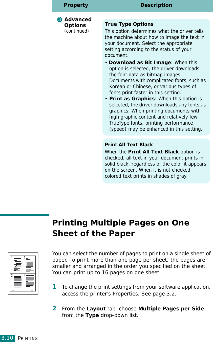 PRINTING3.10Printing Multiple Pages on One Sheet of the Paper You can select the number of pages to print on a single sheet of paper. To print more than one page per sheet, the pages are smaller and arranged in the order you specified on the sheet. You can print up to 16 pages on one sheet.1To change the print settings from your software application, access the printer’s Properties. See page 3.2.2From the Layout tab, choose Multiple Pages per Side from the Type drop-down list. Advanced Options (continued)Property Description3True Type OptionsThis option determines what the driver tells the machine about how to image the text in your document. Select the appropriate setting according to the status of your document. • Download as Bit Image: When this option is selected, the driver downloads the font data as bitmap images. Documents with complicated fonts, such as Korean or Chinese, or various types of fonts print faster in this setting. •Print as Graphics: When this option is selected, the driver downloads any fonts as graphics. When printing documents with high graphic content and relatively few TrueType fonts, printing performance (speed) may be enhanced in this setting.Print All Text BlackWhen the Print All Text Black option is checked, all text in your document prints in solid black, regardless of the color it appears on the screen. When it is not checked, colored text prints in shades of gray.