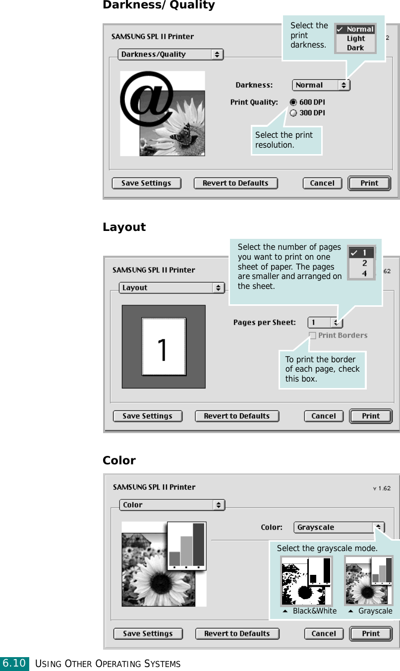 USING OTHER OPERATING SYSTEMS6.10Darkness/QualityLayoutColorSelect the print darkness.Select the print resolution.Select the number of pages you want to print on one sheet of paper. The pages are smaller and arranged on the sheet.To print the border of each page, check this box.Select the grayscale mode. Black&amp;White Grayscale