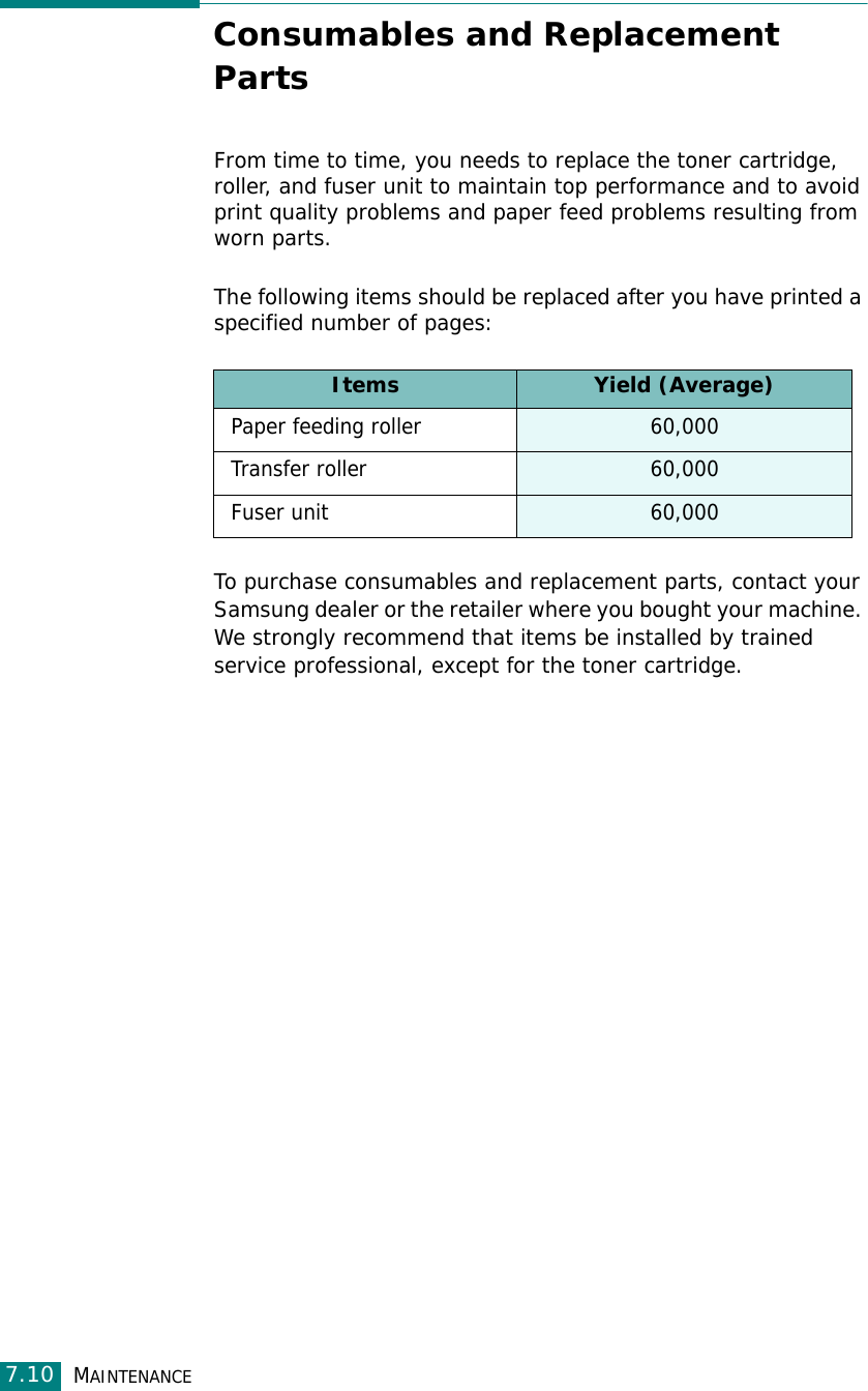 MAINTENANCE7.10Consumables and Replacement PartsFrom time to time, you needs to replace the toner cartridge, roller, and fuser unit to maintain top performance and to avoid print quality problems and paper feed problems resulting from worn parts.The following items should be replaced after you have printed a specified number of pages:To purchase consumables and replacement parts, contact your Samsung dealer or the retailer where you bought your machine. We strongly recommend that items be installed by trained service professional, except for the toner cartridge.Items Yield (Average)Paper feeding roller 60,000Transfer roller 60,000Fuser unit  60,000
