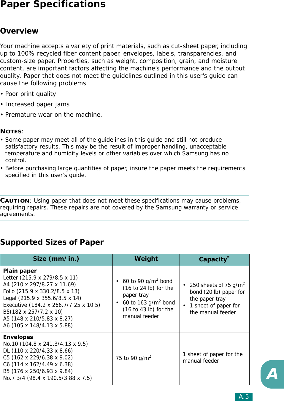 A.5APaper SpecificationsOverviewYour machine accepts a variety of print materials, such as cut-sheet paper, including up to 100% recycled fiber content paper, envelopes, labels, transparencies, and custom-size paper. Properties, such as weight, composition, grain, and moisture content, are important factors affecting the machine’s performance and the output quality. Paper that does not meet the guidelines outlined in this user’s guide can cause the following problems:• Poor print quality• Increased paper jams• Premature wear on the machine.NOTES: • Some paper may meet all of the guidelines in this guide and still not produce satisfactory results. This may be the result of improper handling, unacceptable temperature and humidity levels or other variables over which Samsung has no control.• Before purchasing large quantities of paper, insure the paper meets the requirements specified in this user’s guide. CAUTION: Using paper that does not meet these specifications may cause problems, requiring repairs. These repairs are not covered by the Samsung warranty or service agreements.Supported Sizes of PaperSize (mm/in.) Weight Capacity*Plain paperLetter (215.9 x 279/8.5 x 11) A4 (210 x 297/8.27 x 11.69)Folio (215.9 x 330.2/8.5 x 13)Legal (215.9 x 355.6/8.5 x 14)Executive (184.2 x 266.7/7.25 x 10.5)B5(182 x 257/7.2 x 10)A5 (148 x 210/5.83 x 8.27)A6 (105 x 148/4.13 x 5.88)• 60 to 90 g/m2 bond (16 to 24 lb) for the paper tray• 60 to 163 g/m2 bond (16 to 43 lb) for the manual feeder• 250 sheets of 75 g/m2 bond (20 lb) paper for the paper tray• 1 sheet of paper for the manual feederEnvelopesNo.10 (104.8 x 241.3/4.13 x 9.5) DL (110 x 220/4.33 x 8.66)C5 (162 x 229/6.38 x 9.02)C6 (114 x 162/4.49 x 6.38)B5 (176 x 250/6.93 x 9.84)No.7 3/4 (98.4 x 190.5/3.88 x 7.5)75 to 90 g/m21 sheet of paper for the manual feeder