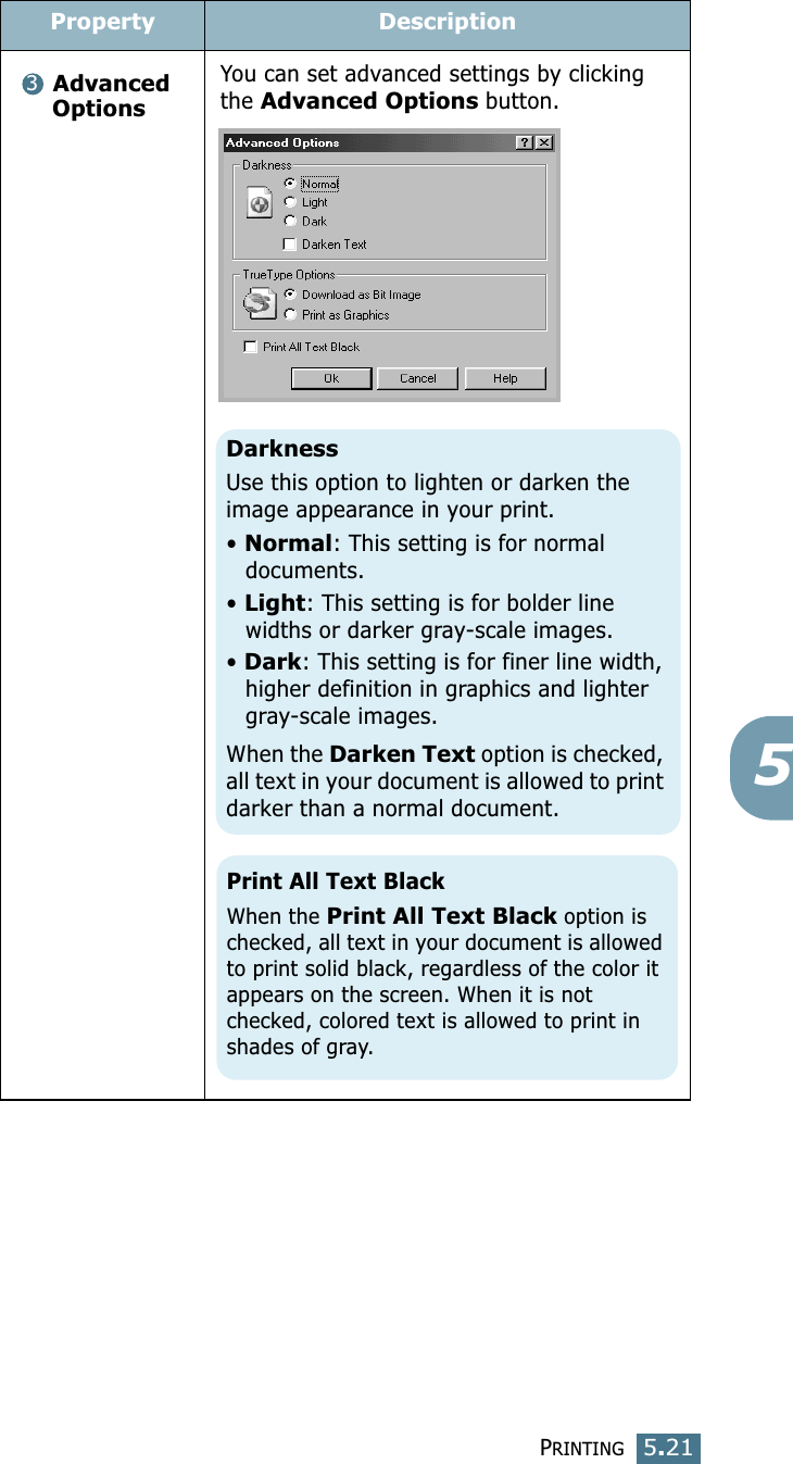 PRINTING5.215Advanced Options You can set advanced settings by clicking the Advanced Options button. Property Description3DarknessUse this option to lighten or darken the image appearance in your print.• Normal: This setting is for normal documents.• Light: This setting is for bolder line widths or darker gray-scale images.• Dark: This setting is for finer line width, higher definition in graphics and lighter gray-scale images.When the Darken Text option is checked, all text in your document is allowed to print darker than a normal document. Print All Text BlackWhen the Print All Text Black option is checked, all text in your document is allowed to print solid black, regardless of the color it appears on the screen. When it is not checked, colored text is allowed to print in shades of gray.