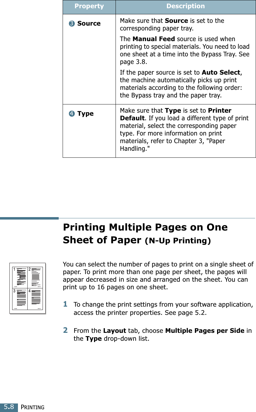 PRINTING5.8Printing Multiple Pages on One Sheet of Paper (N-Up Printing)You can select the number of pages to print on a single sheet of paper. To print more than one page per sheet, the pages will appear decreased in size and arranged on the sheet. You can print up to 16 pages on one sheet.1To change the print settings from your software application, access the printer properties. See page 5.2.2From the Layout tab, choose Multiple Pages per Side in the Type drop-down list. SourceMake sure that Source is set to the corresponding paper tray.The Manual Feed source is used when printing to special materials. You need to load one sheet at a time into the Bypass Tray. See page 3.8.If the paper source is set to Auto Select, the machine automatically picks up print materials according to the following order: the Bypass tray and the paper tray.TypeMake sure that Type is set to Printer Default. If you load a different type of print material, select the corresponding paper type. For more information on print materials, refer to Chapter 3, &quot;Paper Handling.&quot; Property Description341 23 4