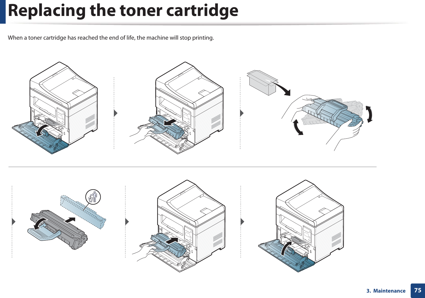 Replacing the toner cartridge753.  MaintenanceWhen a toner cartridge has reached the end of life, the machine will stop printing.