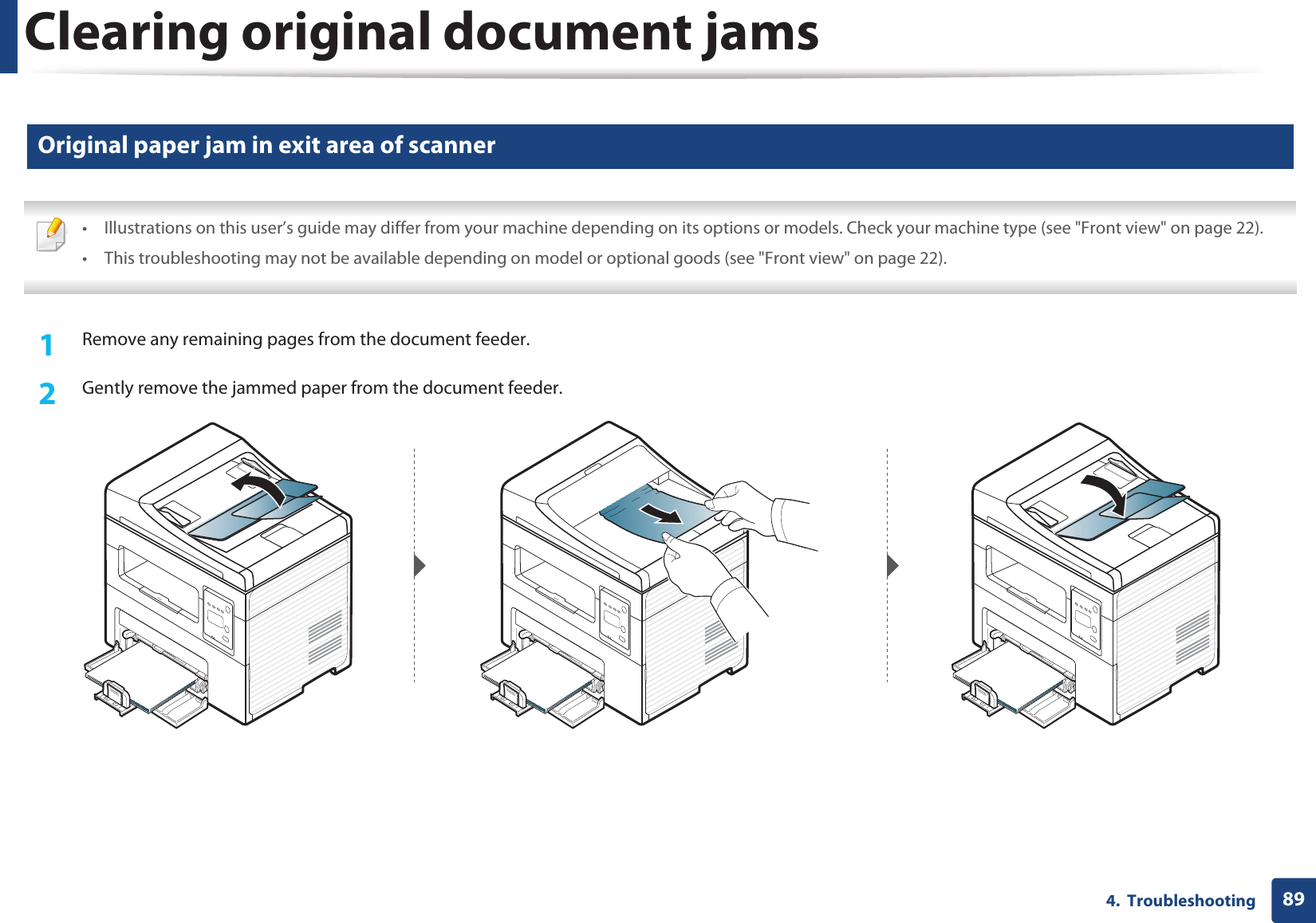 Clearing original document jams894.  Troubleshooting3 Original paper jam in exit area of scanner • Illustrations on this user’s guide may differ from your machine depending on its options or models. Check your machine type (see &quot;Front view&quot; on page 22).• This troubleshooting may not be available depending on model or optional goods (see &quot;Front view&quot; on page 22). 1Remove any remaining pages from the document feeder.2  Gently remove the jammed paper from the document feeder.