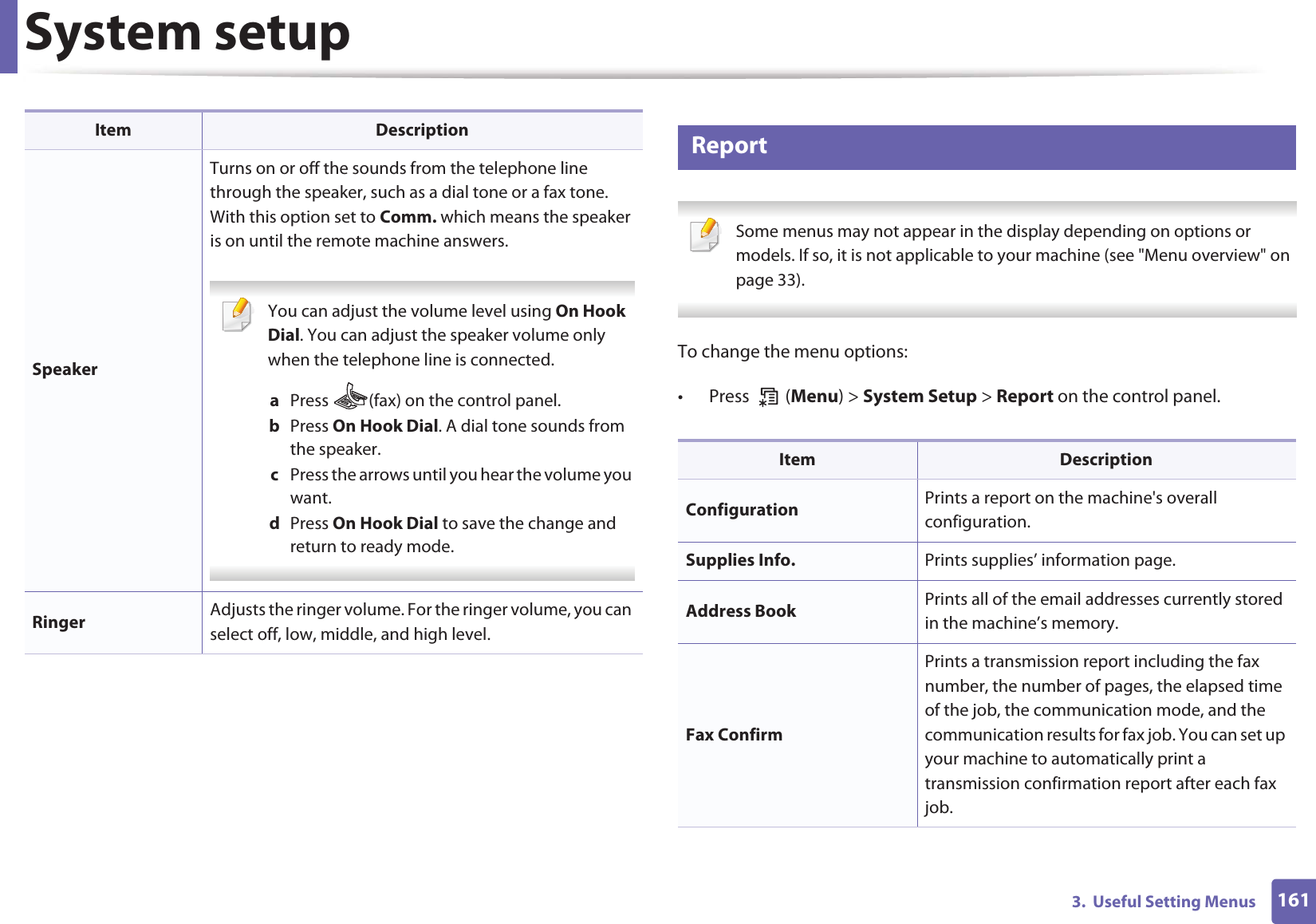System setup1613.  Useful Setting Menus9 Report Some menus may not appear in the display depending on options or models. If so, it is not applicable to your machine (see &quot;Menu overview&quot; on page 33). To change the menu options:• Press  (Menu) &gt; System Setup &gt; Report on the control panel.SpeakerTurns on or off the sounds from the telephone line through the speaker, such as a dial tone or a fax tone. With this option set to Comm. which means the speaker is on until the remote machine answers. You can adjust the volume level using On Hook Dial. You can adjust the speaker volume only when the telephone line is connected.a  Press  (fax) on the control panel.b  Press On Hook Dial. A dial tone sounds from the speaker.c  Press the arrows until you hear the volume you want.d  Press On Hook Dial to save the change and return to ready mode. Ringer Adjusts the ringer volume. For the ringer volume, you can select off, low, middle, and high level.Item DescriptionItem DescriptionConfiguration Prints a report on the machine&apos;s overall configuration.Supplies Info. Prints supplies’ information page. Address Book  Prints all of the email addresses currently stored in the machine’s memory.Fax ConfirmPrints a transmission report including the fax number, the number of pages, the elapsed time of the job, the communication mode, and the communication results for fax job. You can set up your machine to automatically print a transmission confirmation report after each fax job.