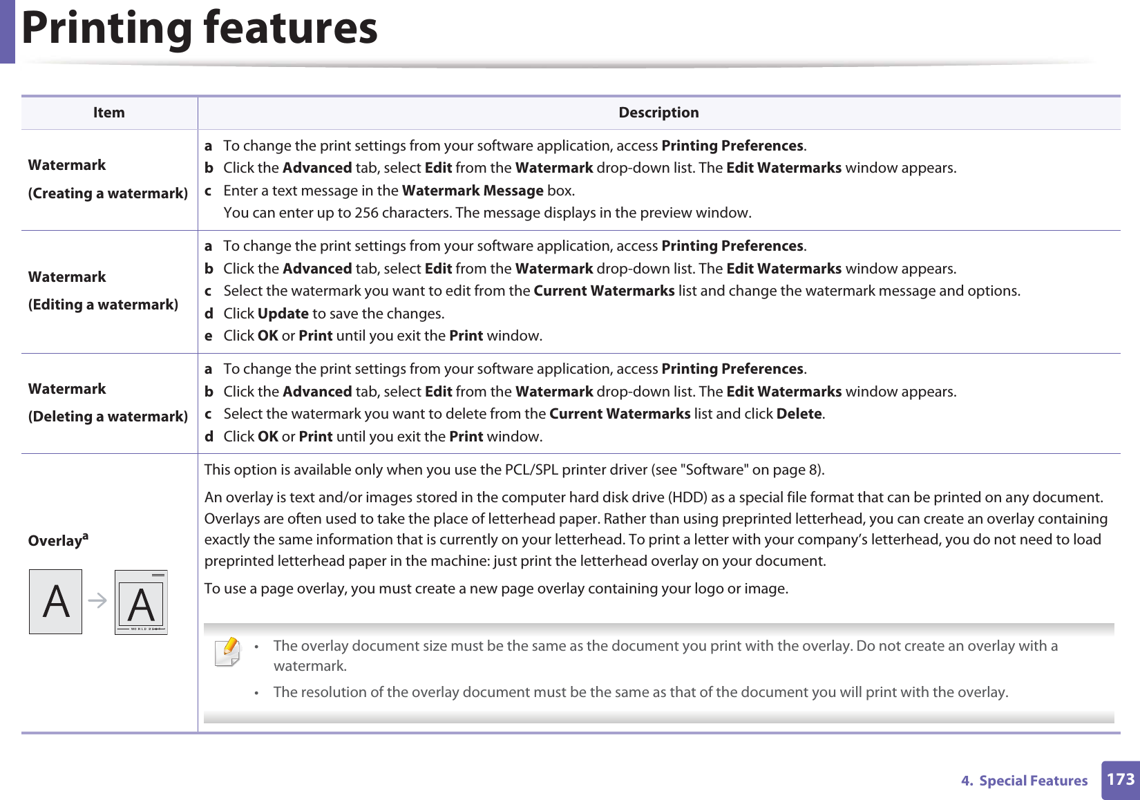 Printing features1734.  Special FeaturesWatermark(Creating a watermark)a  To change the print settings from your software application, access Printing Preferences.b  Click the Advanced tab, select Edit from the Watermark drop-down list. The Edit Watermarks window appears.c  Enter a text message in the Watermark Message box. You can enter up to 256 characters. The message displays in the preview window.Watermark(Editing a watermark)a  To change the print settings from your software application, access Printing Preferences.b  Click the Advanced tab, select Edit from the Watermark drop-down list. The Edit Watermarks window appears. c  Select the watermark you want to edit from the Current Watermarks list and change the watermark message and options. d  Click Update to save the changes.e  Click OK or Print until you exit the Print window. Watermark(Deleting a watermark)a  To change the print settings from your software application, access Printing Preferences.b  Click the Advanced tab, select Edit from the Watermark drop-down list. The Edit Watermarks window appears. c  Select the watermark you want to delete from the Current Watermarks list and click Delete. d  Click OK or Print until you exit the Print window.OverlayaThis option is available only when you use the PCL/SPL printer driver (see &quot;Software&quot; on page 8).An overlay is text and/or images stored in the computer hard disk drive (HDD) as a special file format that can be printed on any document. Overlays are often used to take the place of letterhead paper. Rather than using preprinted letterhead, you can create an overlay containing exactly the same information that is currently on your letterhead. To print a letter with your company’s letterhead, you do not need to load preprinted letterhead paper in the machine: just print the letterhead overlay on your document.To use a page overlay, you must create a new page overlay containing your logo or image. • The overlay document size must be the same as the document you print with the overlay. Do not create an overlay with a watermark.• The resolution of the overlay document must be the same as that of the document you will print with the overlay. Item Description