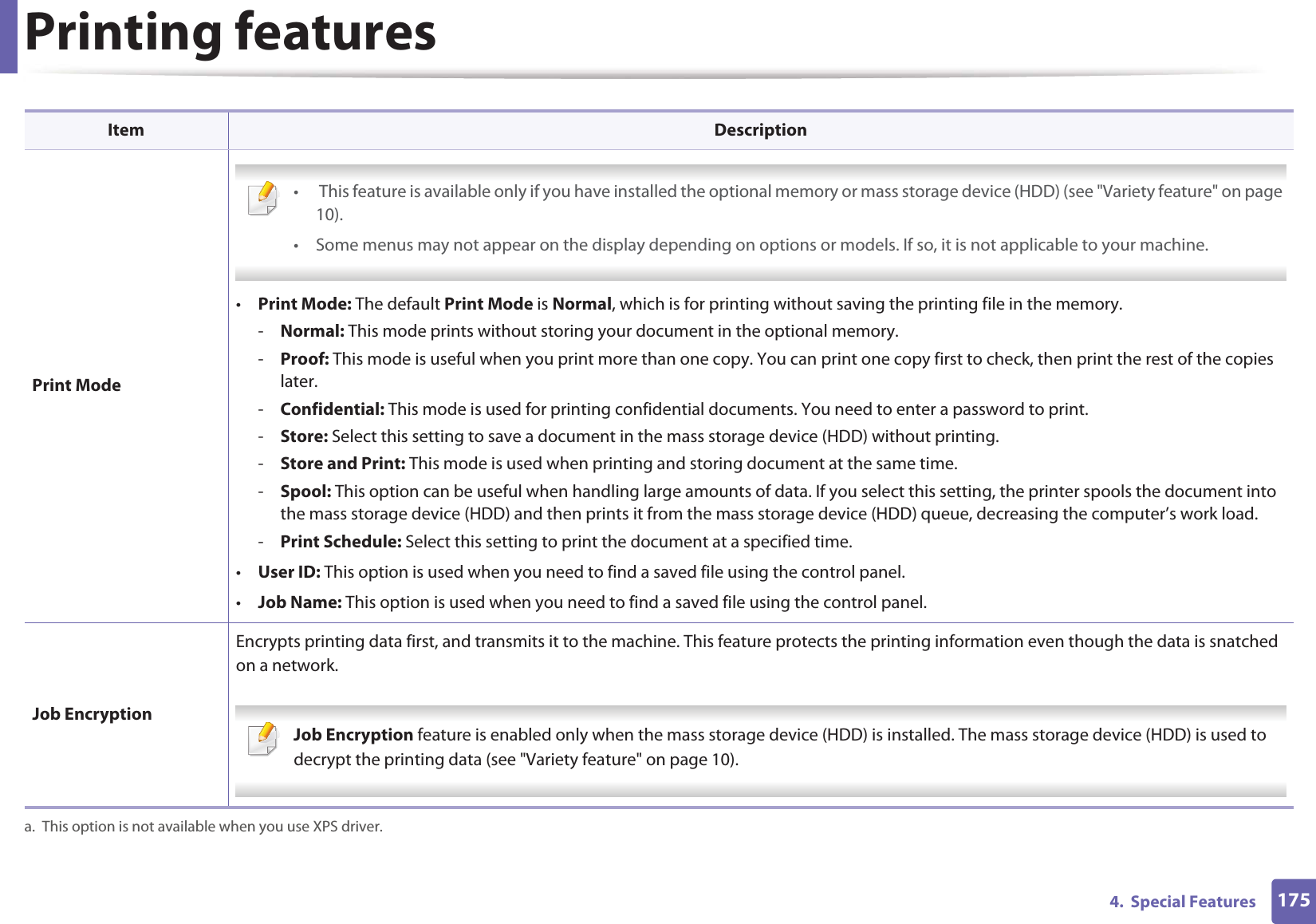 Printing features1754.  Special Features Print Mode •  This feature is available only if you have installed the optional memory or mass storage device (HDD) (see &quot;Variety feature&quot; on page 10).• Some menus may not appear on the display depending on options or models. If so, it is not applicable to your machine. •Print Mode: The default Print Mode is Normal, which is for printing without saving the printing file in the memory. -Normal: This mode prints without storing your document in the optional memory. -Proof: This mode is useful when you print more than one copy. You can print one copy first to check, then print the rest of the copies later. -Confidential: This mode is used for printing confidential documents. You need to enter a password to print. -Store: Select this setting to save a document in the mass storage device (HDD) without printing. -Store and Print: This mode is used when printing and storing document at the same time. -Spool: This option can be useful when handling large amounts of data. If you select this setting, the printer spools the document into the mass storage device (HDD) and then prints it from the mass storage device (HDD) queue, decreasing the computer’s work load.-Print Schedule: Select this setting to print the document at a specified time.•User ID: This option is used when you need to find a saved file using the control panel. •Job Name: This option is used when you need to find a saved file using the control panel. Job EncryptionEncrypts printing data first, and transmits it to the machine. This feature protects the printing information even though the data is snatched on a network. Job Encryption feature is enabled only when the mass storage device (HDD) is installed. The mass storage device (HDD) is used to decrypt the printing data (see &quot;Variety feature&quot; on page 10). a. This option is not available when you use XPS driver.Item Description