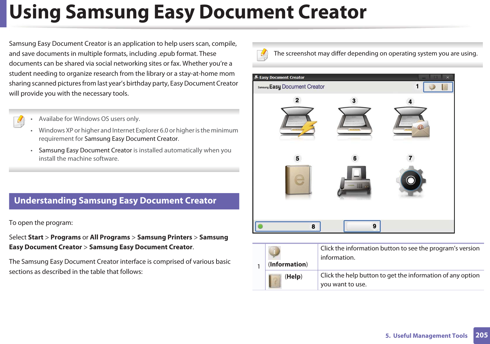 2055.  Useful Management ToolsUsing Samsung Easy Document CreatorSamsung Easy Document Creator is an application to help users scan, compile, and save documents in multiple formats, including .epub format. These documents can be shared via social networking sites or fax. Whether you’re a student needing to organize research from the library or a stay-at-home mom sharing scanned pictures from last year’s birthday party, Easy Document Creator will provide you with the necessary tools. • Availabe for Windows OS users only.• Windows XP or higher and Internet Explorer 6.0 or higher is the minimum requirement for Samsung Easy Document Creator.•Samsung Easy Document Creator is installed automatically when you install the machine software.  4 Understanding Samsung Easy Document CreatorTo open the program: Select Start &gt; Programs or All Programs &gt; Samsung Printers &gt; Samsung Easy Document Creator &gt; Samsung Easy Document Creator.The Samsung Easy Document Creator interface is comprised of various basic sections as described in the table that follows: The screenshot may differ depending on operating system you are using. 1 (Information)Click the information button to see the program’s version information.  (Help)Click the help button to get the information of any option you want to use.