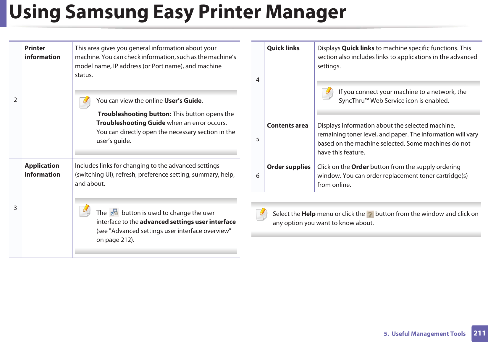 Using Samsung Easy Printer Manager2115.  Useful Management Tools Select the Help menu or click the   button from the window and click on any option you want to know about.  2Printer informationThis area gives you general information about your machine. You can check information, such as the machine’s model name, IP address (or Port name), and machine status. You can view the online User’s Guide. Troubleshooting button: This button opens the Troubleshooting Guide when an error occurs. You can directly open the necessary section in the user’s guide.  3Application informationIncludes links for changing to the advanced settings (switching UI), refresh, preference setting, summary, help, and about. The   button is used to change the user interface to the advanced settings user interface (see &quot;Advanced settings user interface overview&quot; on page 212). 4Quick links Displays Quick links to machine specific functions. This section also includes links to applications in the advanced settings. If you connect your machine to a network, the SyncThru™ Web Service icon is enabled. 5Contents area Displays information about the selected machine, remaining toner level, and paper. The information will vary based on the machine selected. Some machines do not have this feature.6Order supplies Click on the Order button from the supply ordering window. You can order replacement toner cartridge(s) from online.