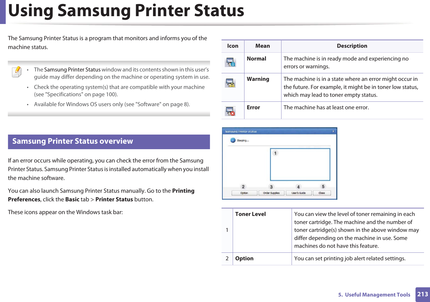 2135.  Useful Management ToolsUsing Samsung Printer Status The Samsung Printer Status is a program that monitors and informs you of the machine status.  • The Samsung Printer Status window and its contents shown in this user’s guide may differ depending on the machine or operating system in use.• Check the operating system(s) that are compatible with your machine (see &quot;Specifications&quot; on page 100).• Available for Windows OS users only (see &quot;Software&quot; on page 8). 9 Samsung Printer Status overviewIf an error occurs while operating, you can check the error from the Samsung Printer Status. Samsung Printer Status is installed automatically when you install the machine software. You can also launch Samsung Printer Status manually. Go to the Printing Preferences, click the Basic tab &gt; Printer Status button.These icons appear on the Windows task bar:Icon Mean DescriptionNormal The machine is in ready mode and experiencing no errors or warnings.Warning The machine is in a state where an error might occur in the future. For example, it might be in toner low status, which may lead to toner empty status. Error The machine has at least one error.1Toner Level You can view the level of toner remaining in each toner cartridge. The machine and the number of toner cartridge(s) shown in the above window may differ depending on the machine in use. Some machines do not have this feature.2Option You can set printing job alert related settings. 