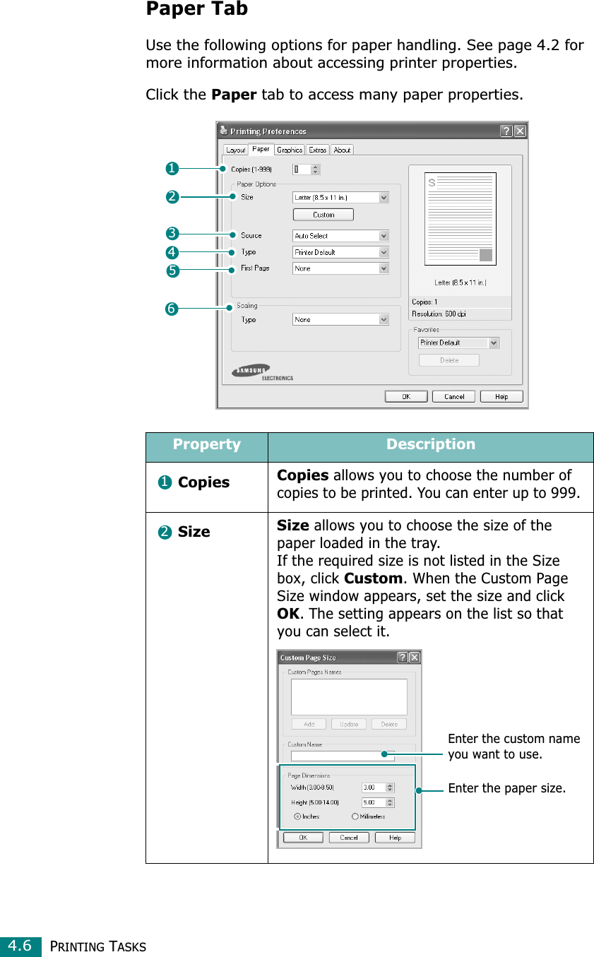 PRINTING TASKS4.6Paper TabUse the following options for paper handling. See page 4.2 for more information about accessing printer properties. Click the Paper tab to access many paper properties. Property DescriptionCopies Copies allows you to choose the number of copies to be printed. You can enter up to 999. Size Size allows you to choose the size of the paper loaded in the tray. If the required size is not listed in the Size box, click Custom. When the Custom Page Size window appears, set the size and click OK. The setting appears on the list so that you can select it. 13456212Enter the custom name you want to use. Enter the paper size. 